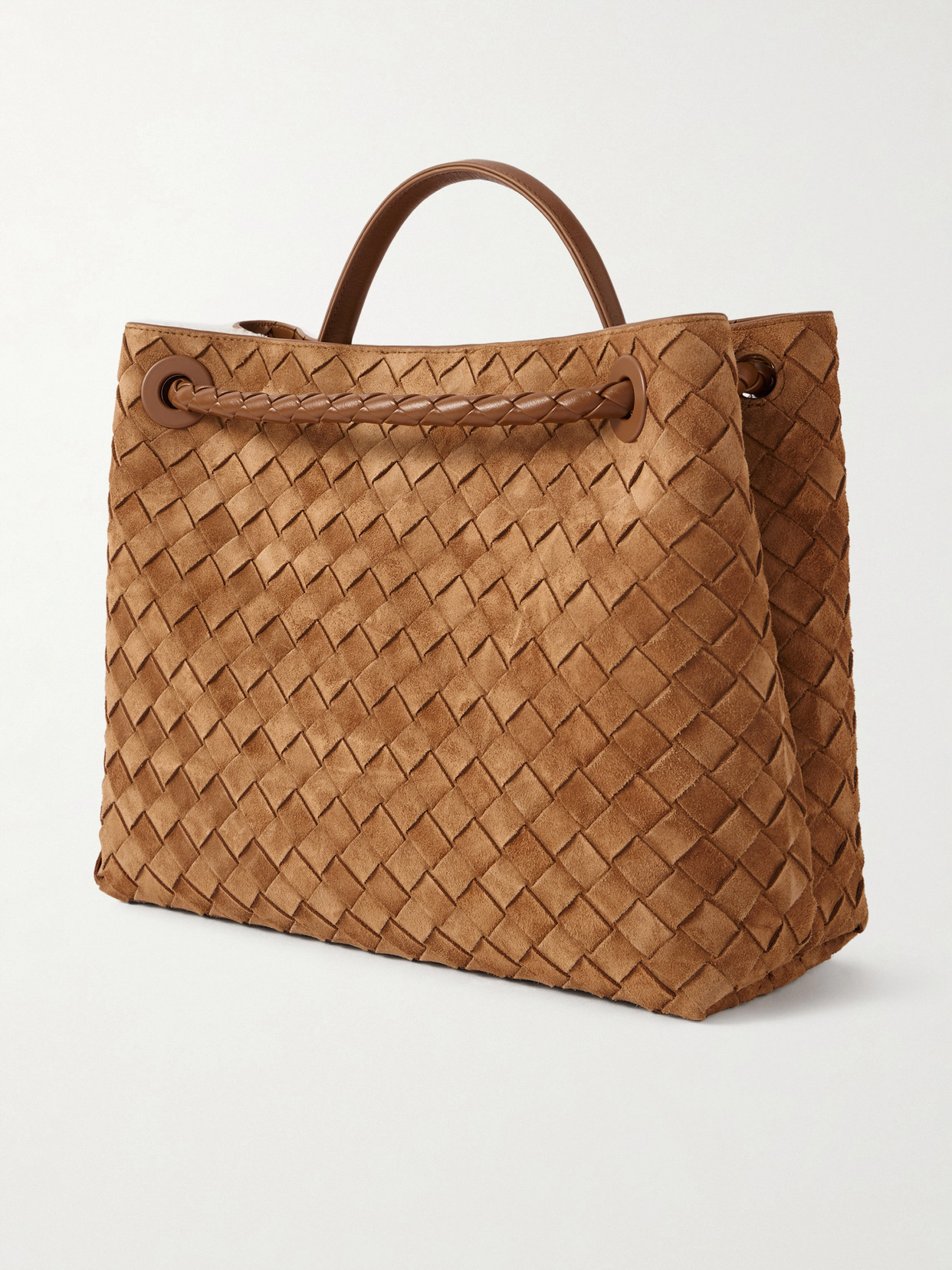 Andiamo Medium Shearling-Lined Leather-Trimmed Intrecciato Suede Tote