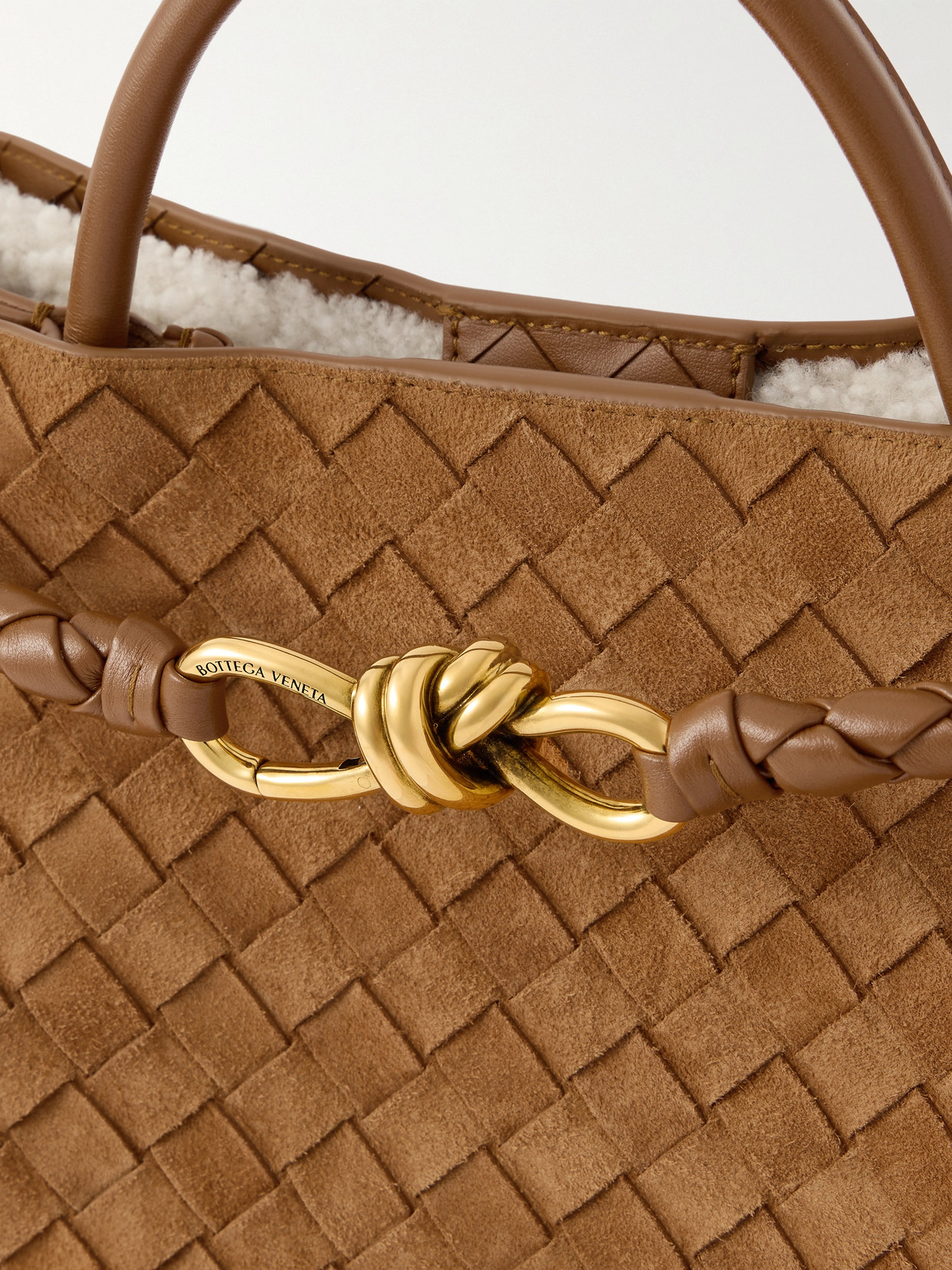 Andiamo Medium Shearling-Lined Leather-Trimmed Intrecciato Suede Tote