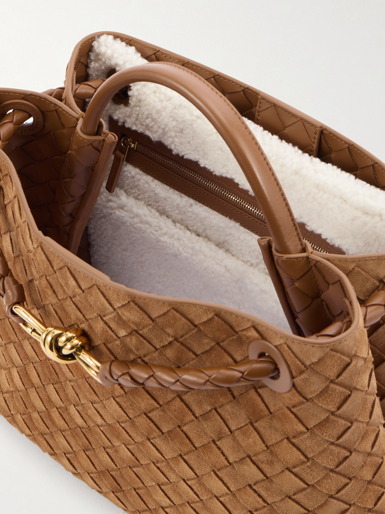 Andiamo Medium Shearling-Lined Leather-Trimmed Intrecciato Suede Tote