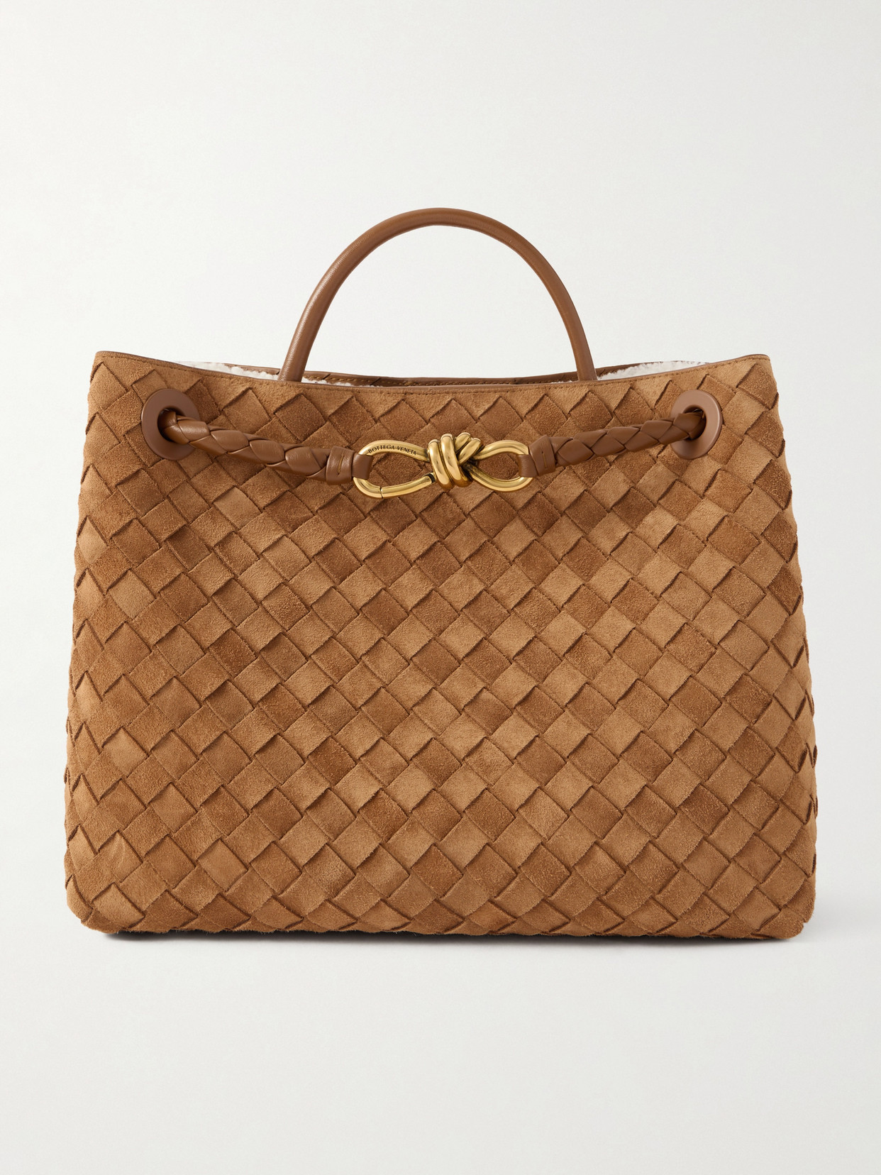 Bottega Veneta Andiamo Medium Shearling-lined Leather-trimmed Intrecciato Suede Tote In Brown