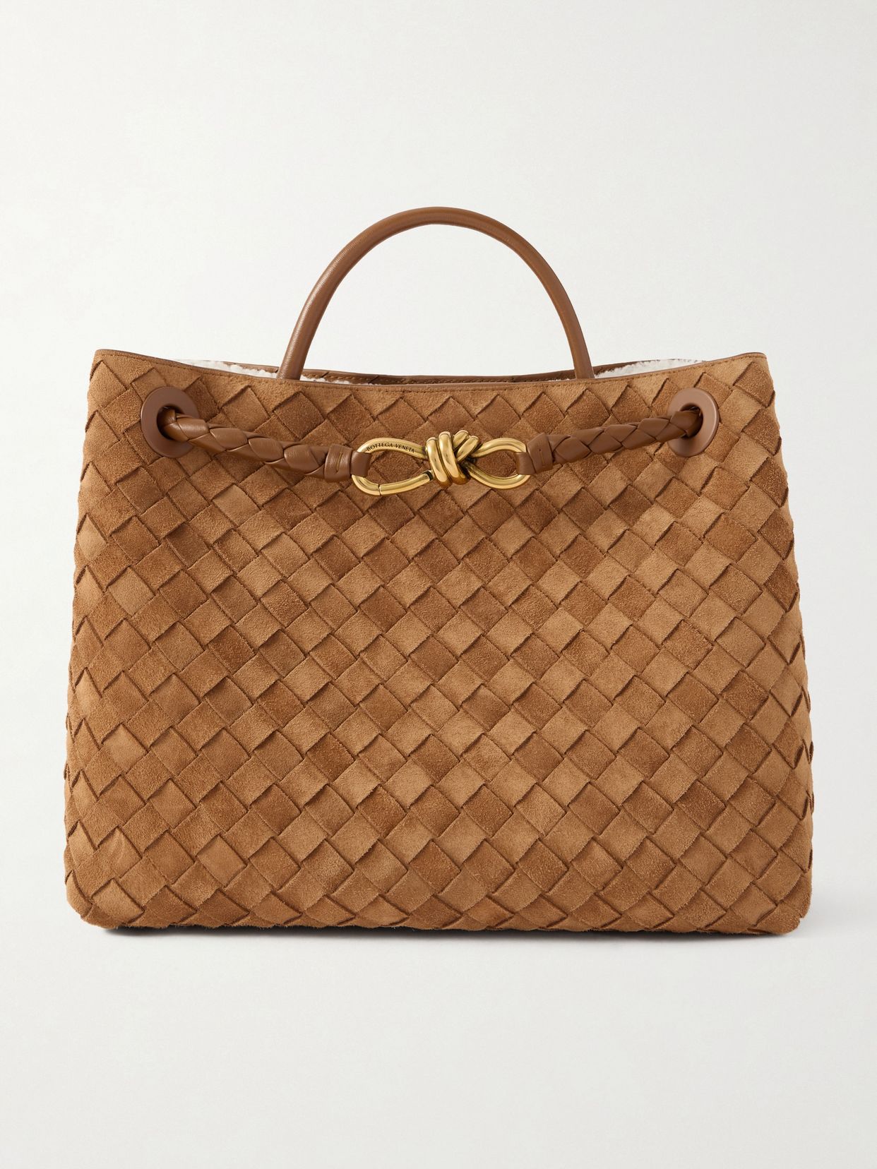 Andiamo medium shearling-lined leather-trimmed Intrecciato suede tote
