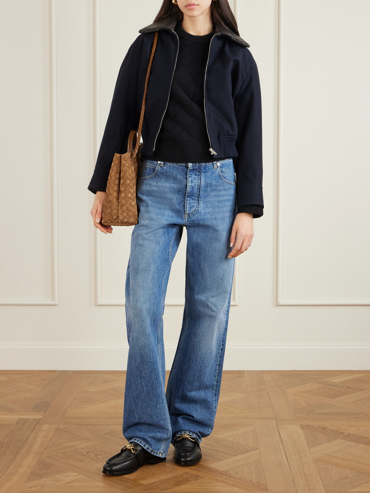 Andiamo Medium Shearling-Lined Leather-Trimmed Intrecciato Suede Tote