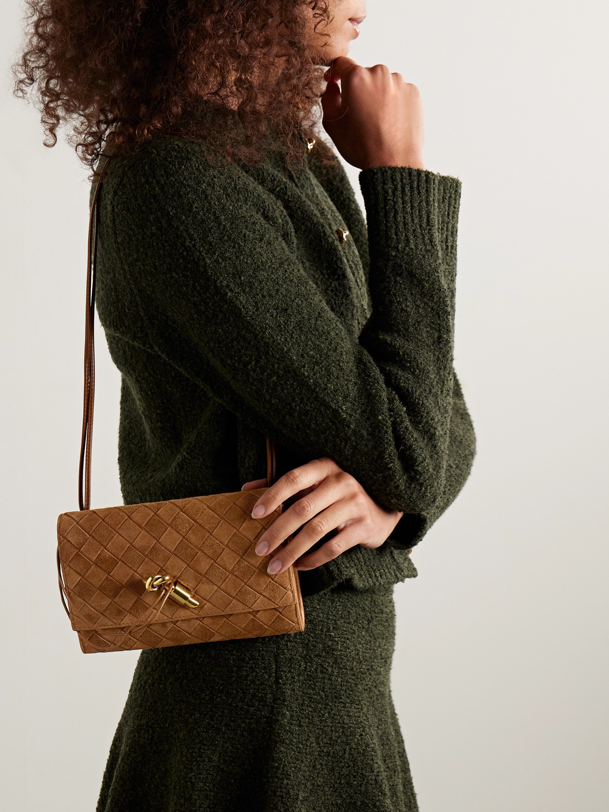 Bottega Veneta Andiamo Intrecciato Suede Shoulder Bag In Brown