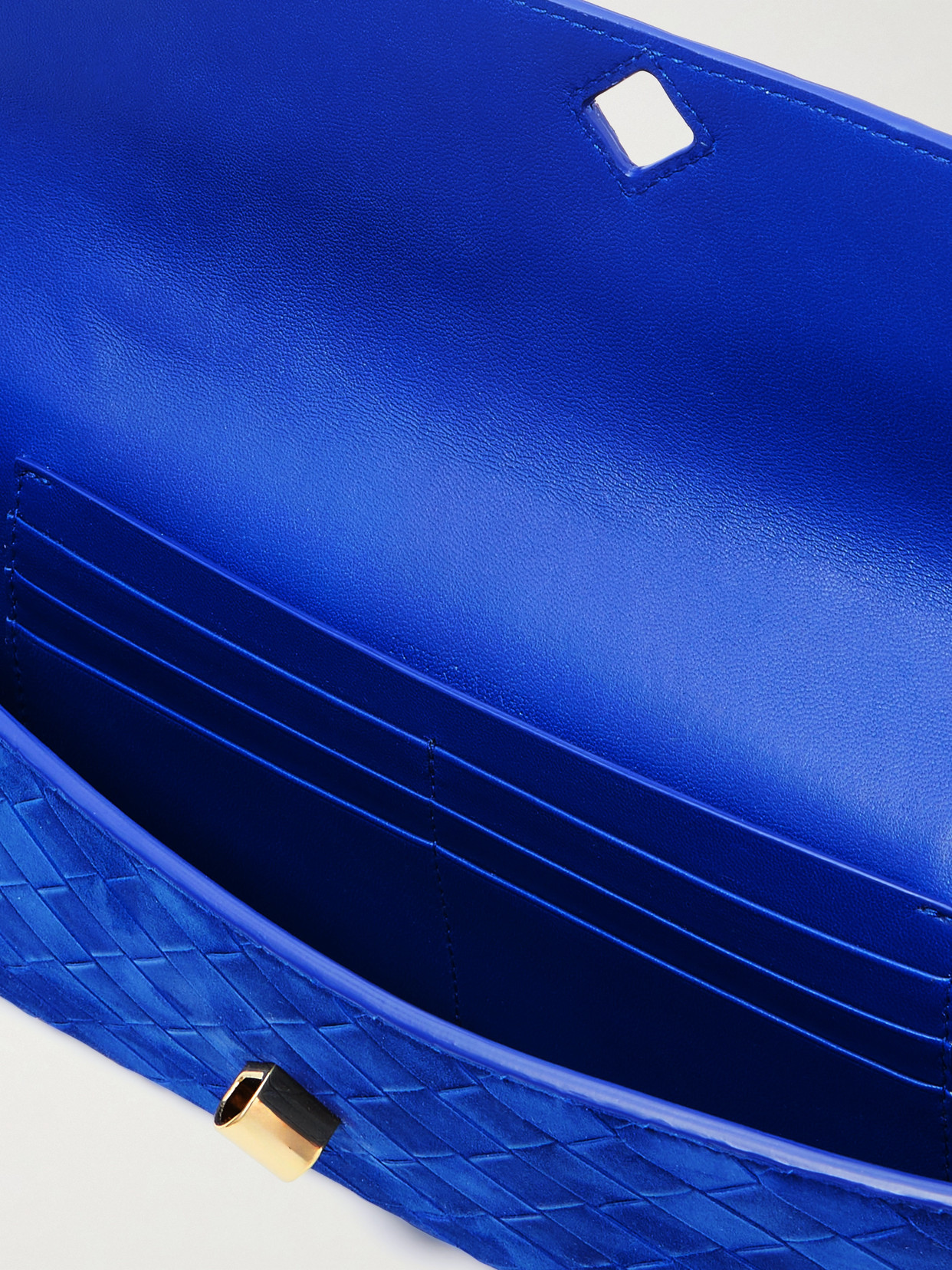 Bottega Veneta Long Andiamo Intrecciato Suede Clutch In Blue