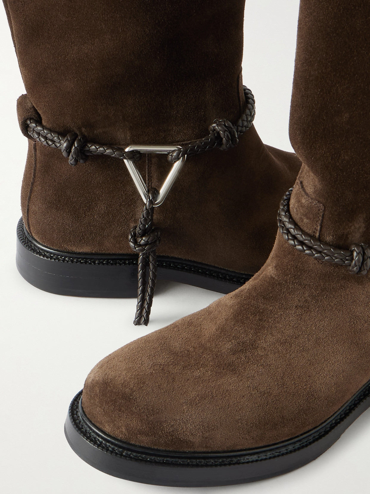 Bottega Veneta James Intrecciato Leather-trimmed Suede Knee Boots In Brown