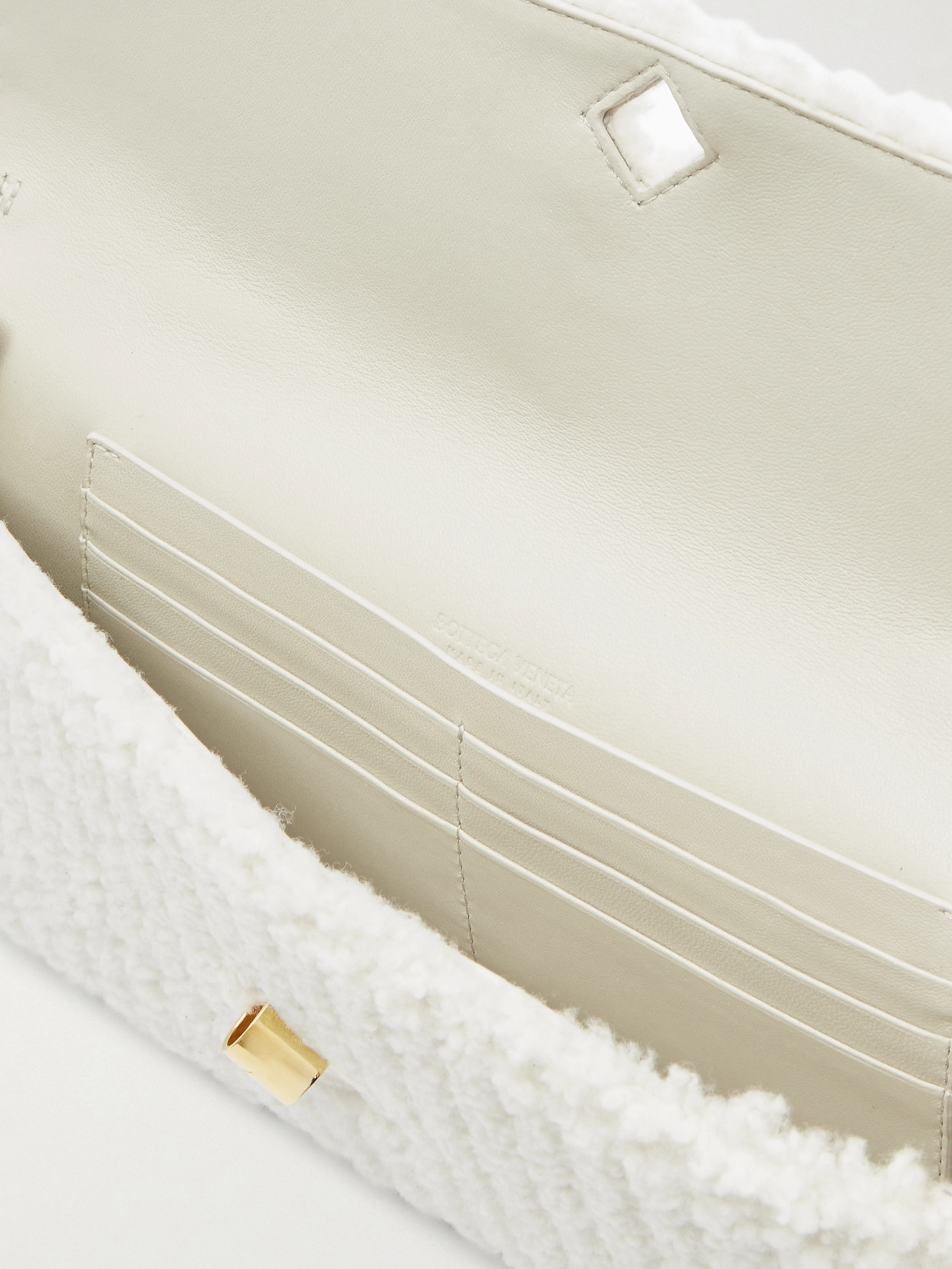 Bottega Veneta Long Andiamo Leather-trimmed Ribbed Bouclé Clutch In White