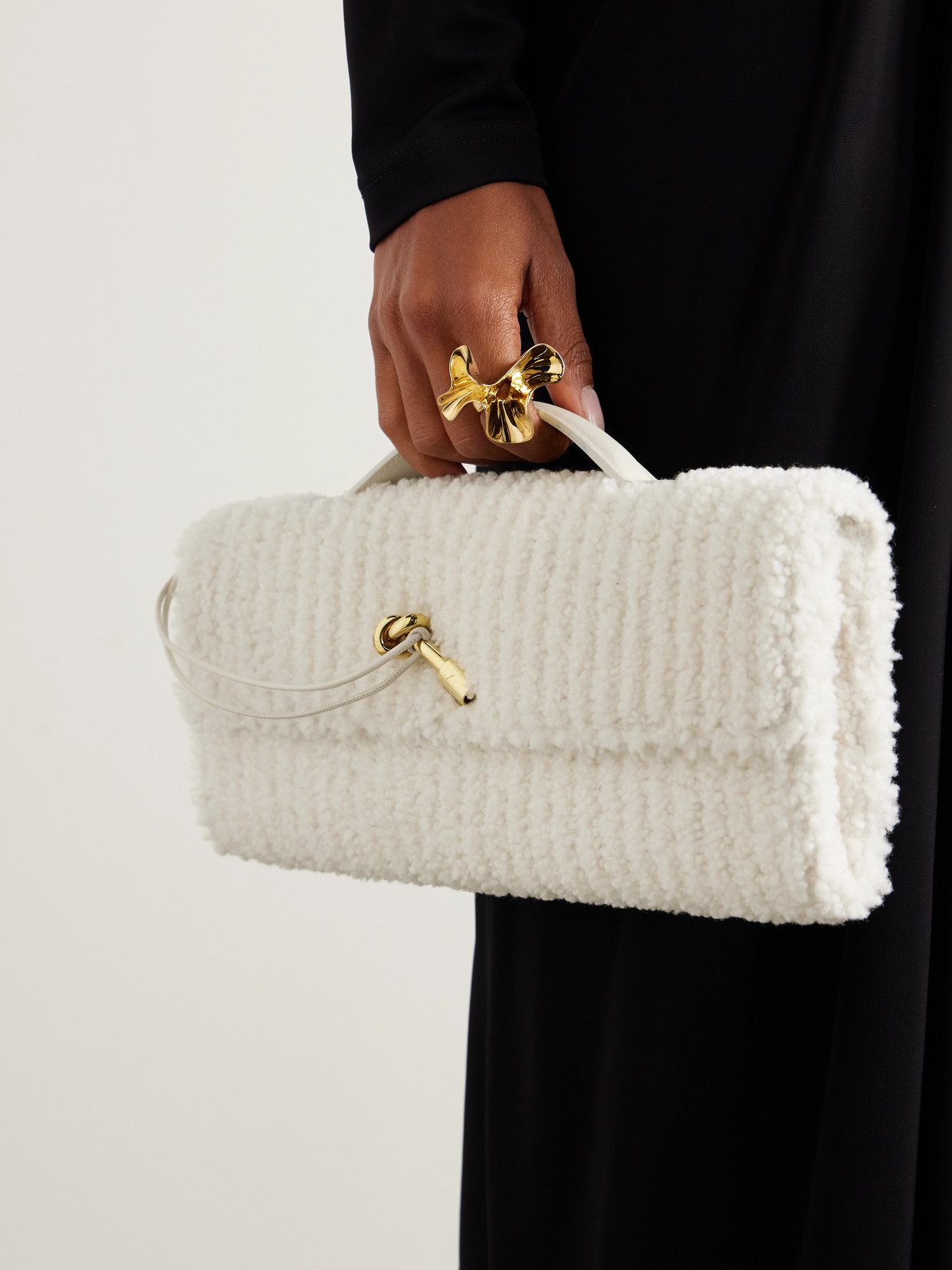 Bottega Veneta Long Andiamo Leather-trimmed Ribbed Bouclé Clutch In White