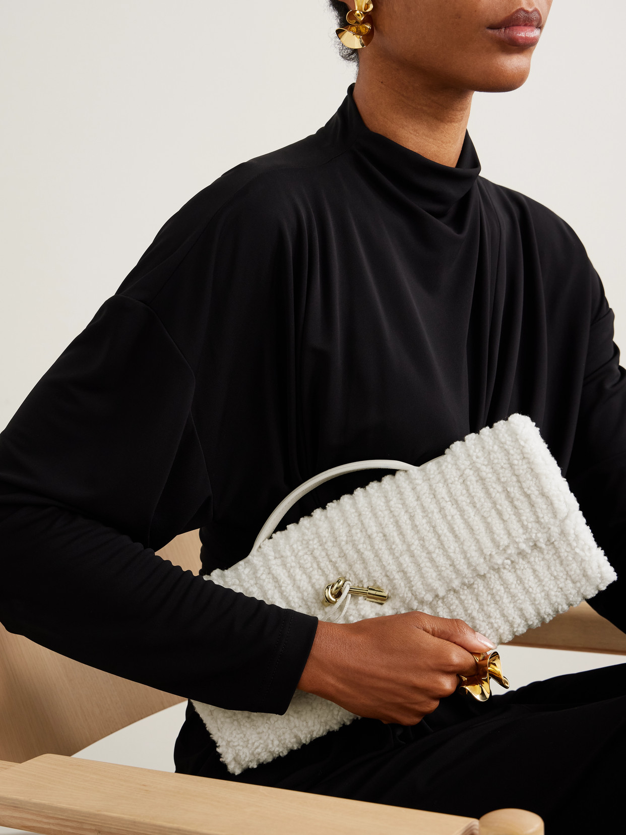 Bottega Veneta Long Andiamo Leather-trimmed Ribbed Bouclé Clutch In White