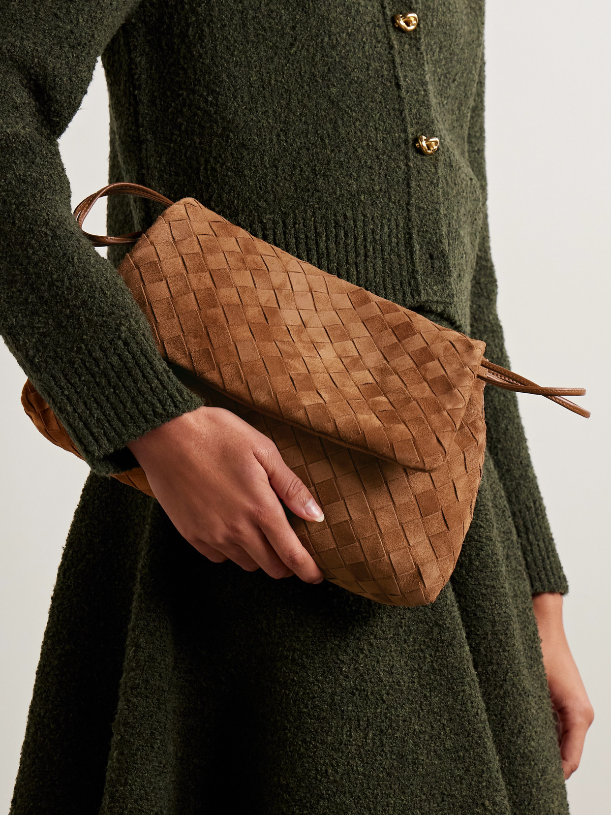 Bottega Veneta Intrecciato Suede Clutch In Brown