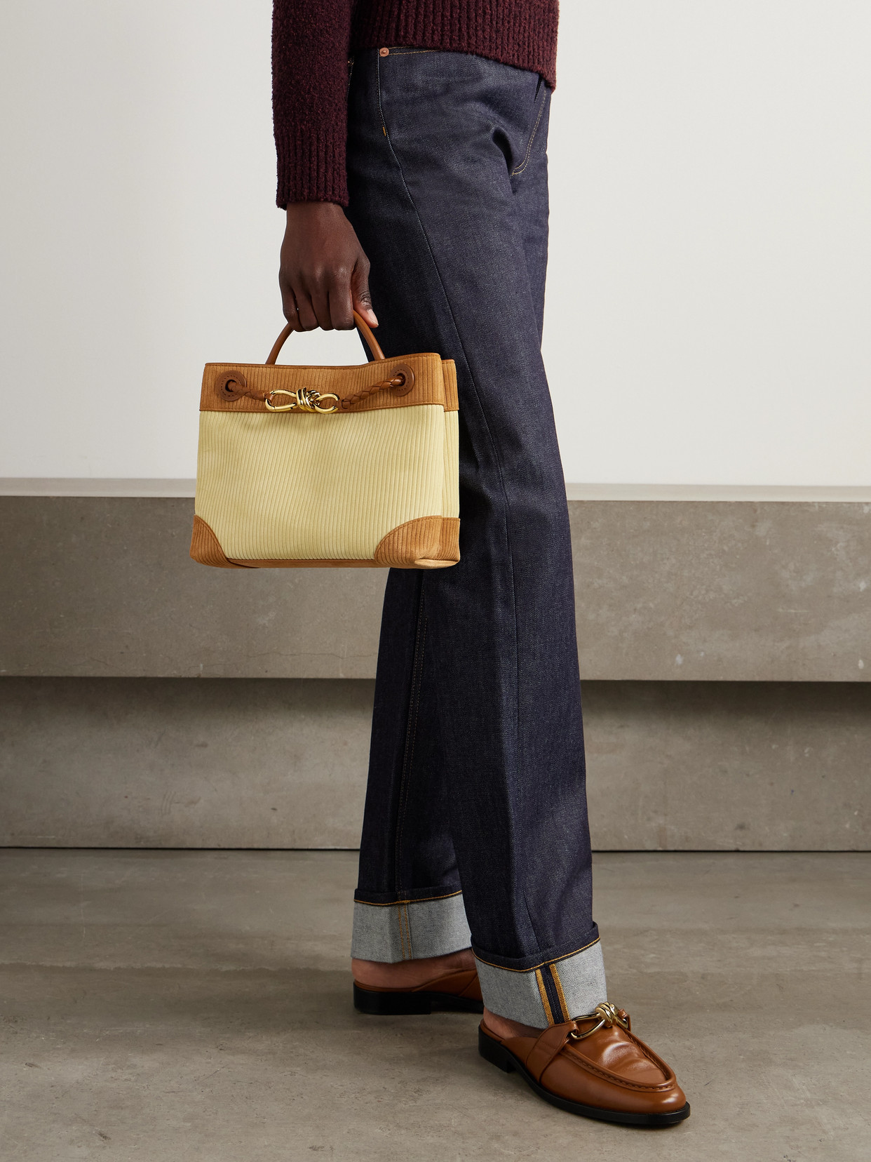 Andiamo Leather-Trimmed Two-Tone Ribbed Suede Tote