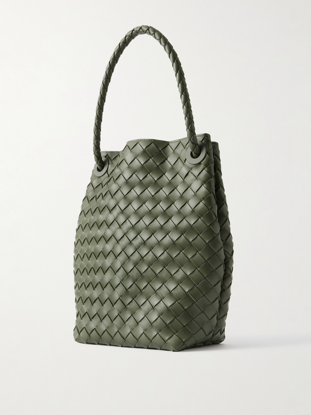 Bottega Veneta Andiamo Intrecciato Leather Bucket Bag In Green