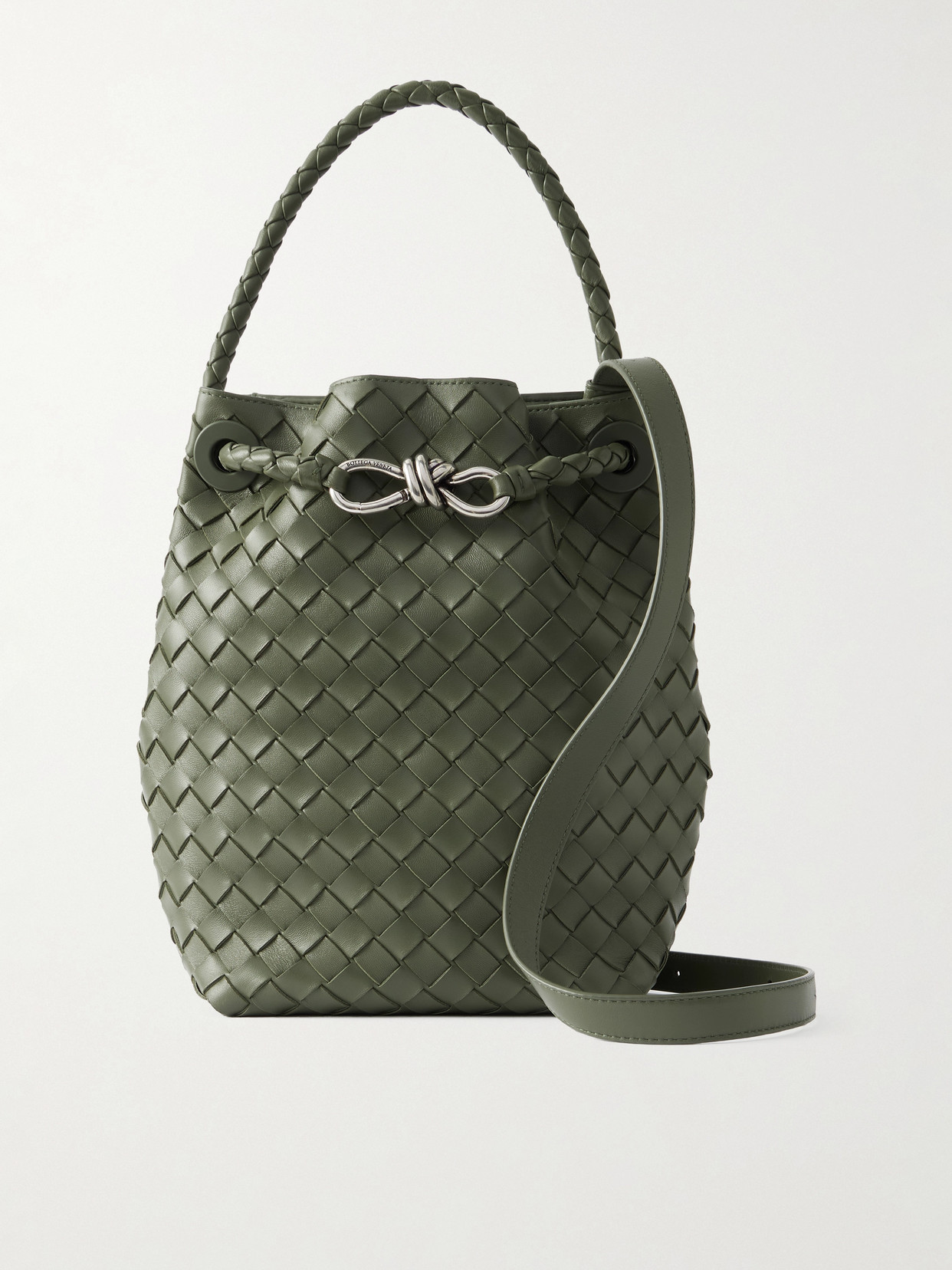 Bottega Veneta Andiamo Intrecciato Leather Bucket Bag In Green
