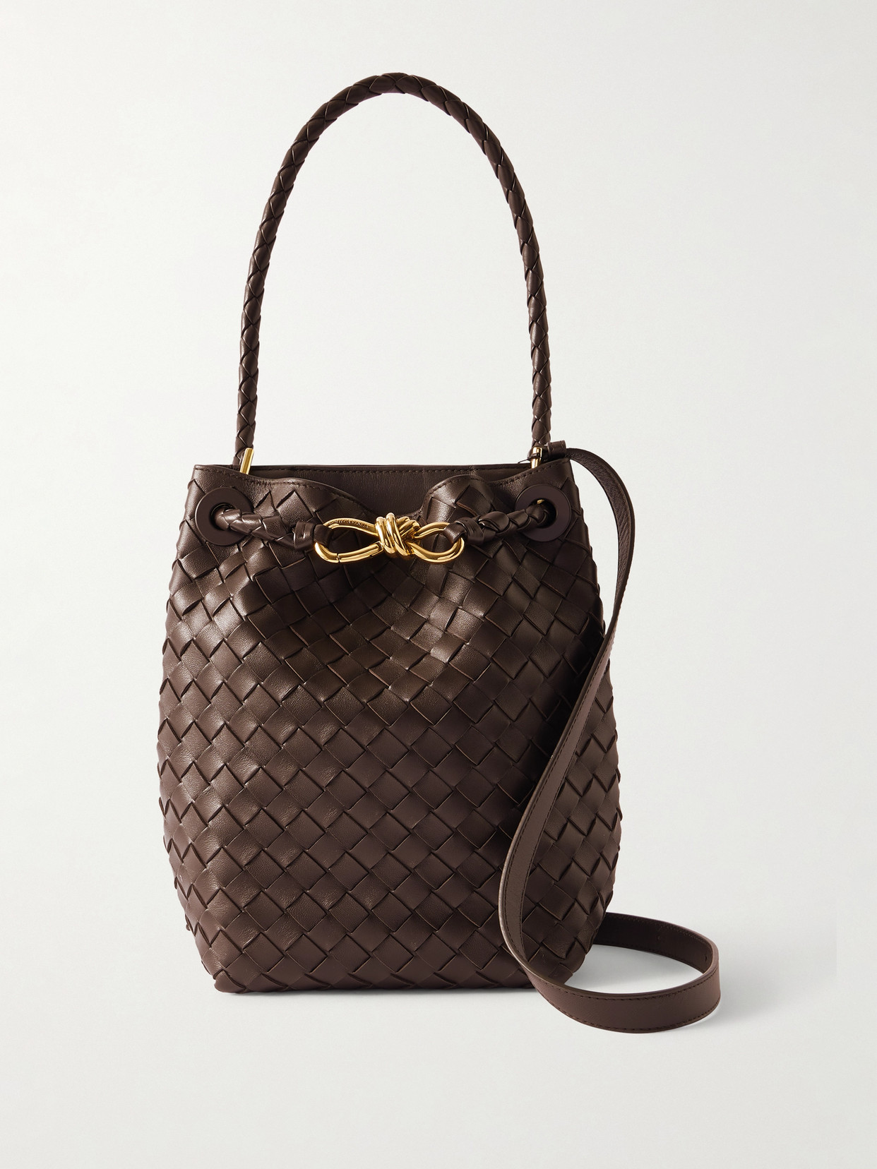 Bottega Veneta Andiamo Intrecciato Leather Bucket Bag In Brown
