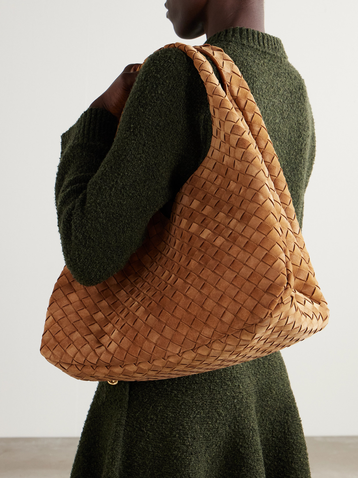 Bottega Veneta Campana Large Intrecciato Suede Leather Shoulder Bag In Brown