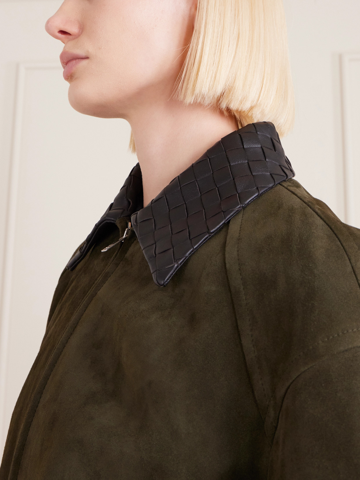 Bottega Veneta Intrecciato Leather-trimmed Suede Jacket In Green