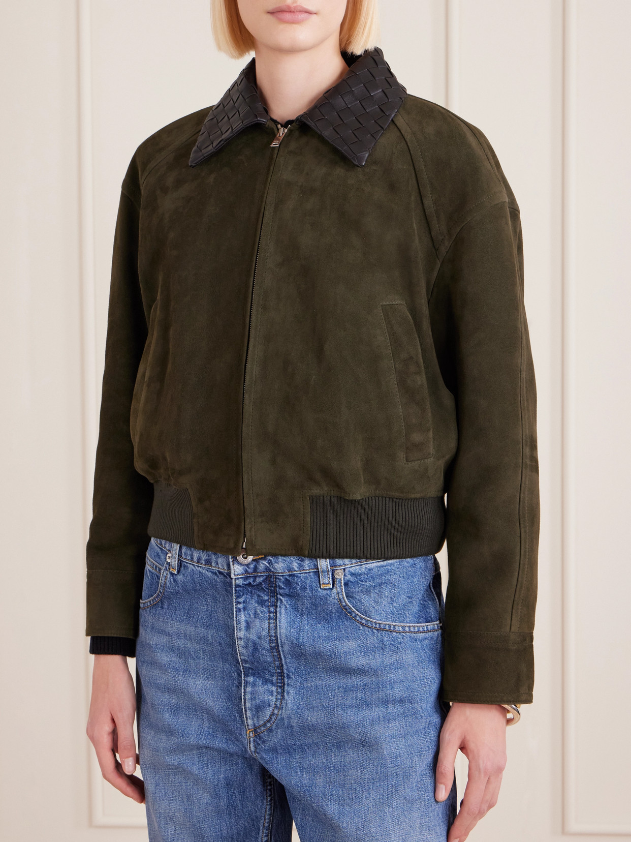 Bottega Veneta Intrecciato Leather-trimmed Suede Jacket In Green