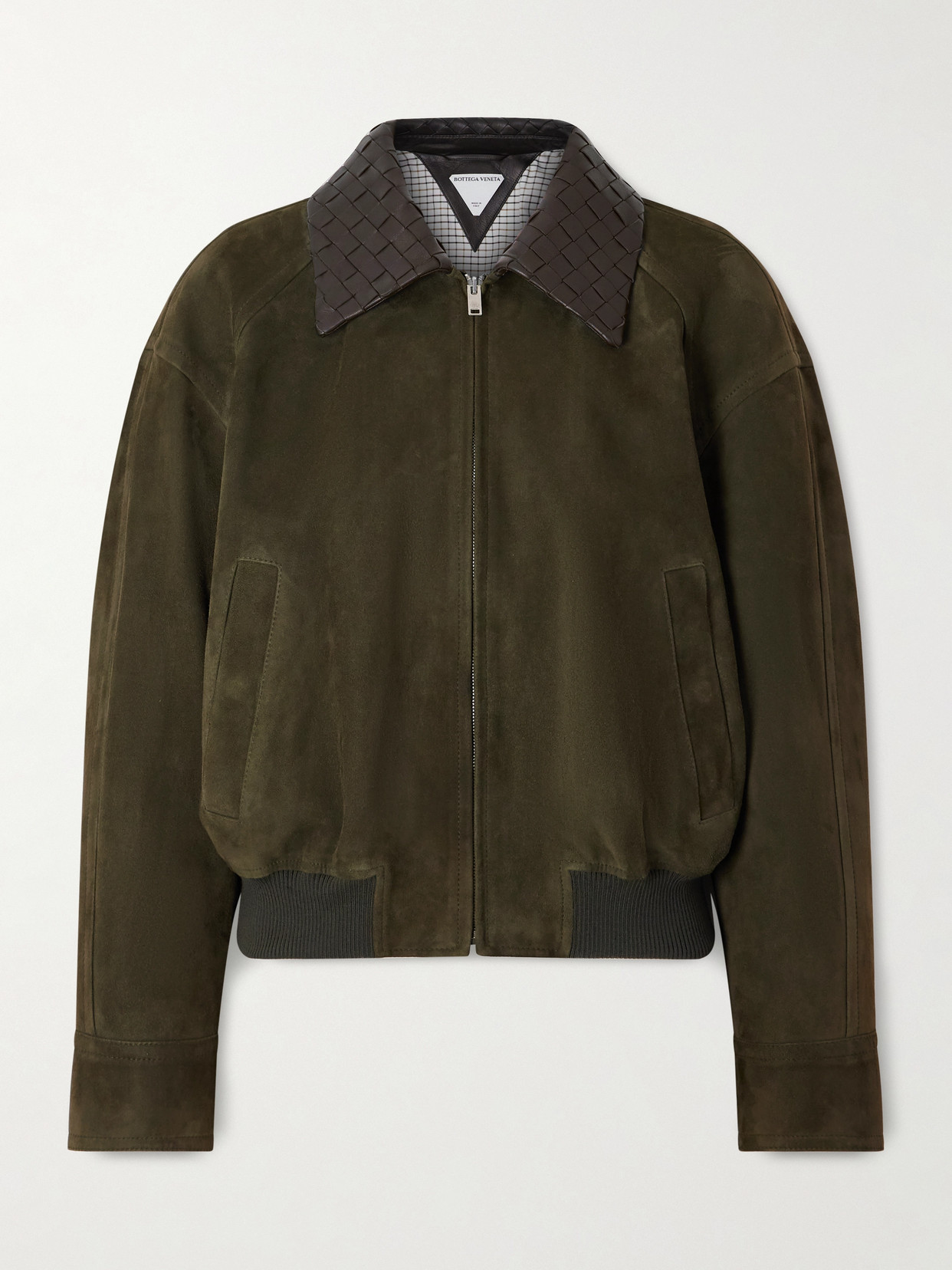 Bottega Veneta Intrecciato Leather-trimmed Suede Jacket In Green