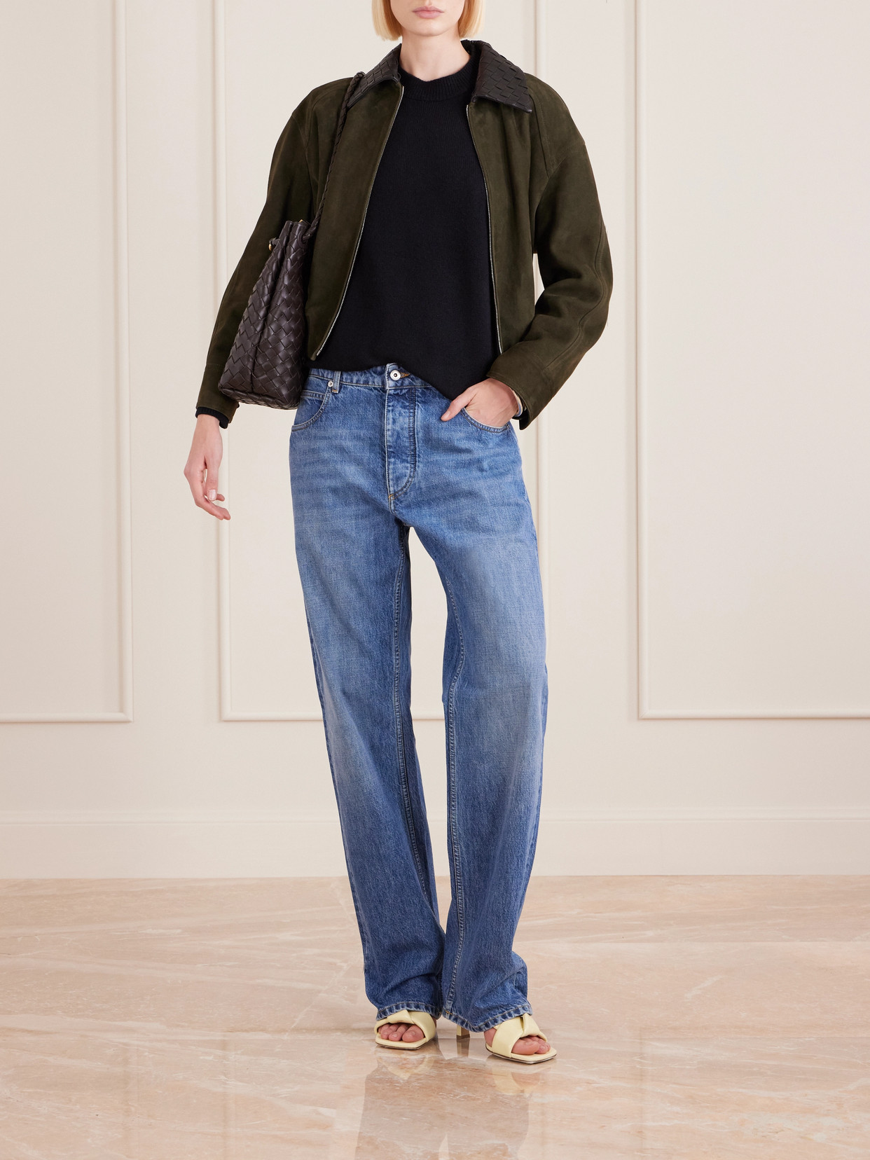 Bottega Veneta Intrecciato Leather-trimmed Suede Jacket In Green