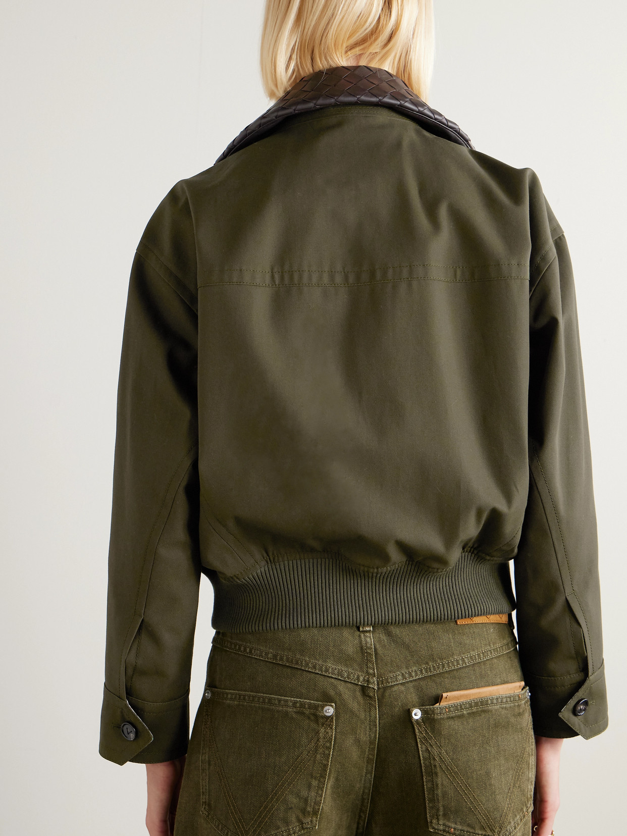 Bottega Veneta Intrecciato Leather-trimmed Cotton-twill Jacket In Green