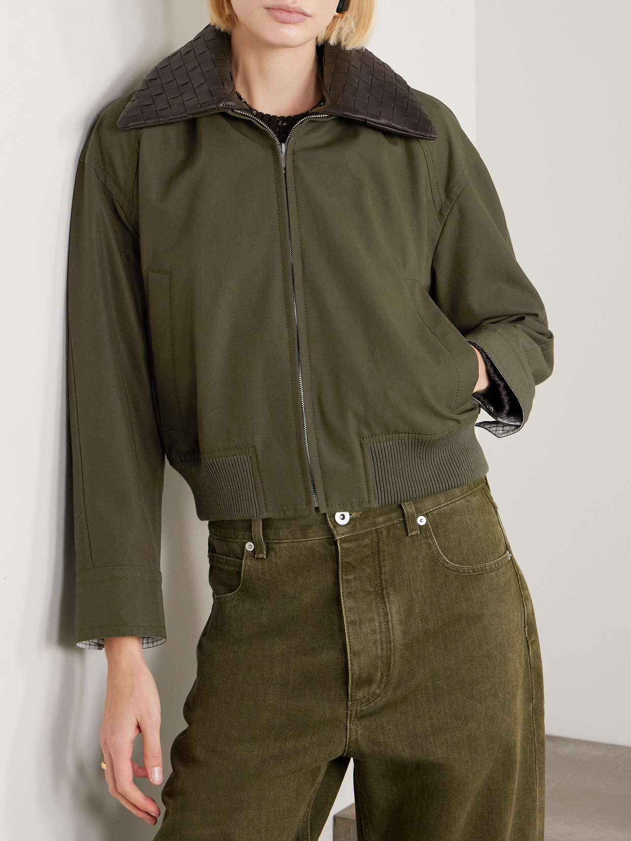 Bottega Veneta Intrecciato Leather-trimmed Cotton-twill Jacket In Green