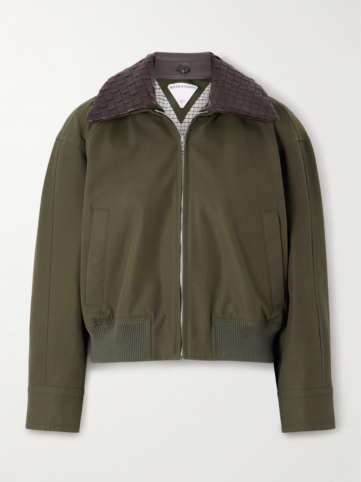 Bottega Veneta Intrecciato Leather-trimmed Cotton-twill Jacket In Green