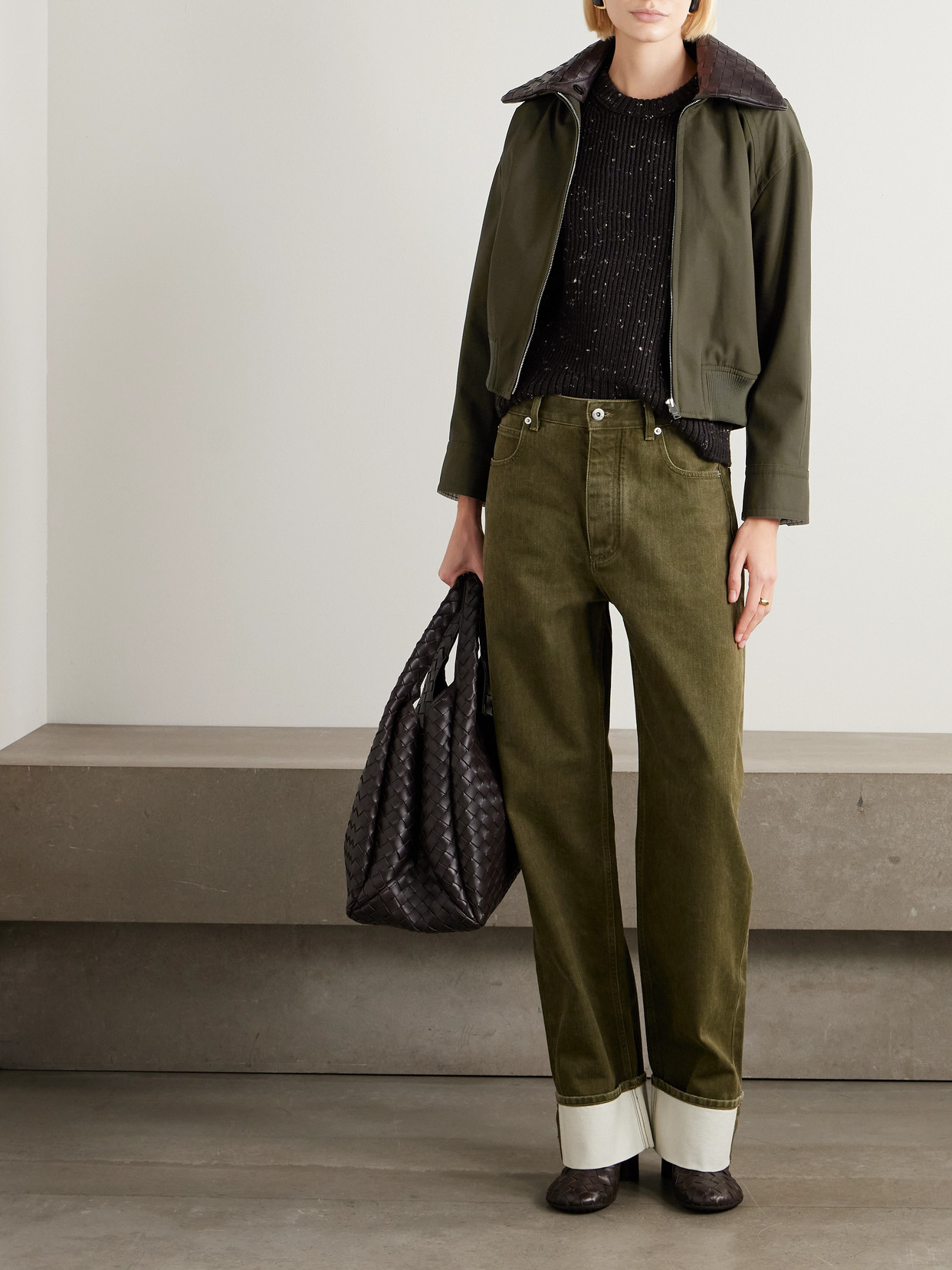 Bottega Veneta Intrecciato Leather-trimmed Cotton-twill Jacket In Green