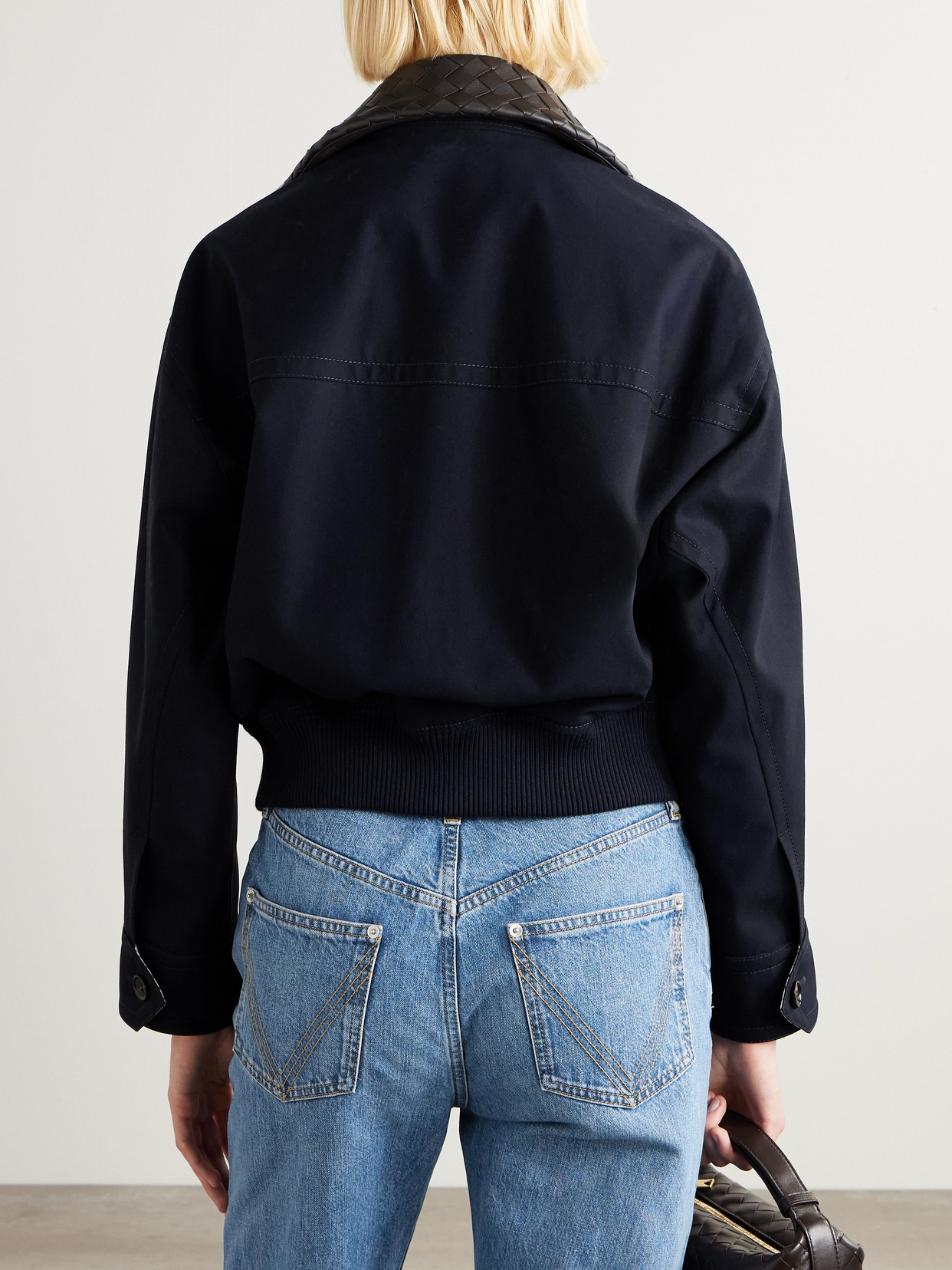 Bottega Veneta Intrecciato Leather-trimmed Cotton-twill Jacket In Blue