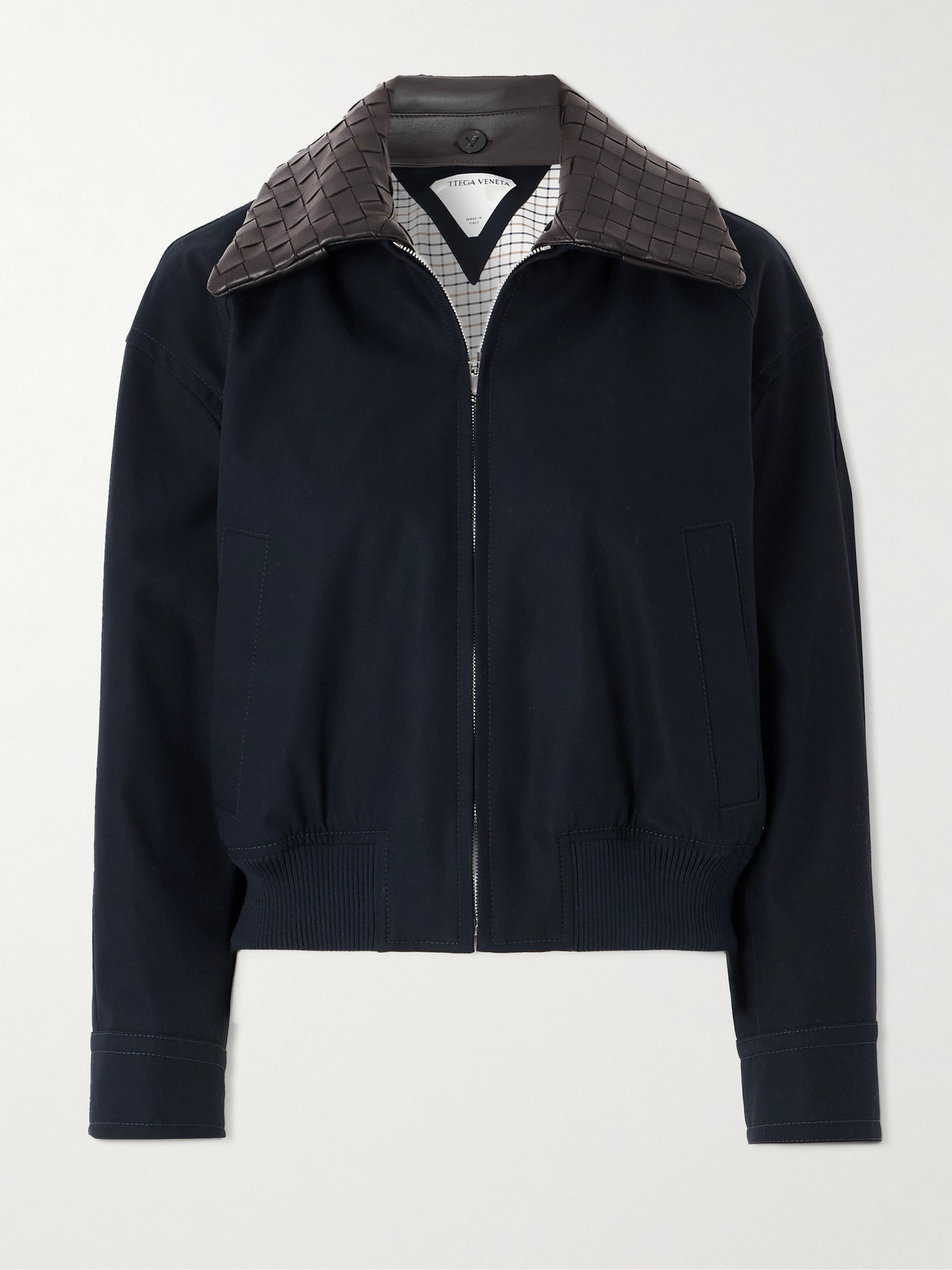 Bottega Veneta Intrecciato Leather-trimmed Cotton-twill Jacket In Blue