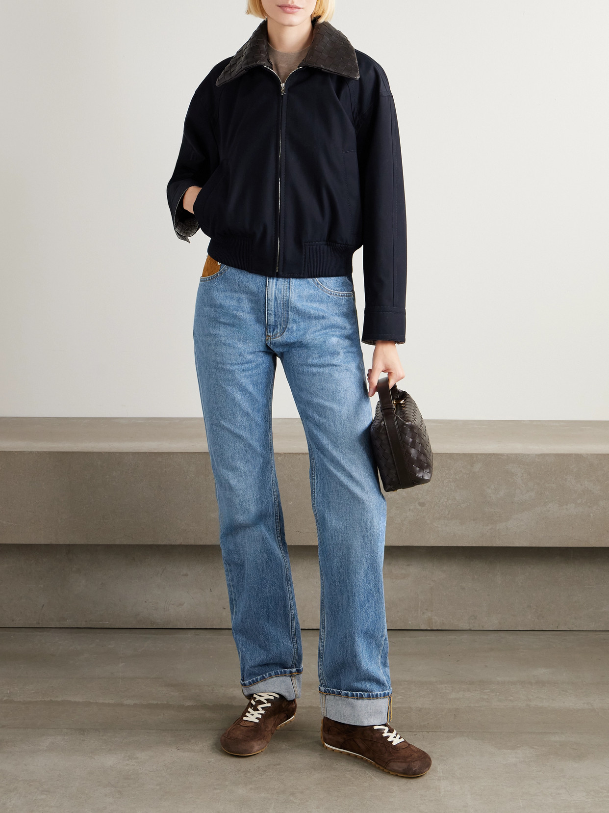 Bottega Veneta Intrecciato Leather-trimmed Cotton-twill Jacket In Blue