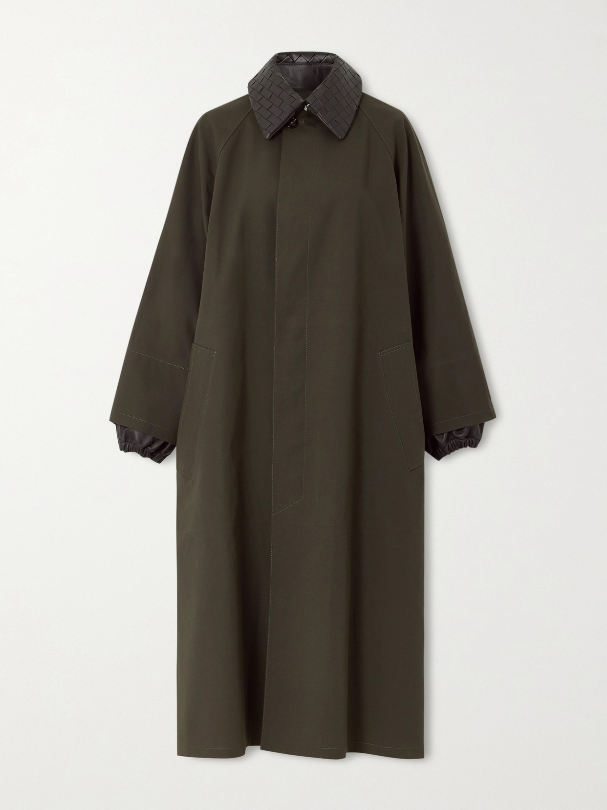 Bottega Veneta Intrecciato Leather-trimmed Cotton-blend Trench Coat In Green
