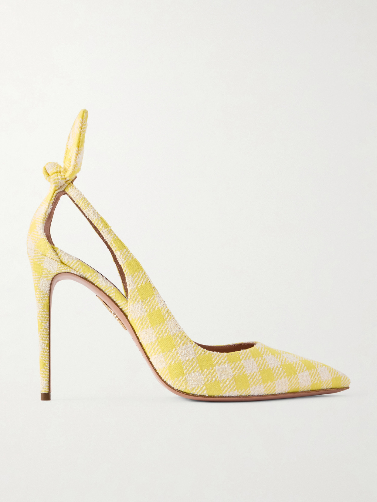 Aquazzura Bow Tie 105 Cutout Checked Jacquard Pumps In Yellow