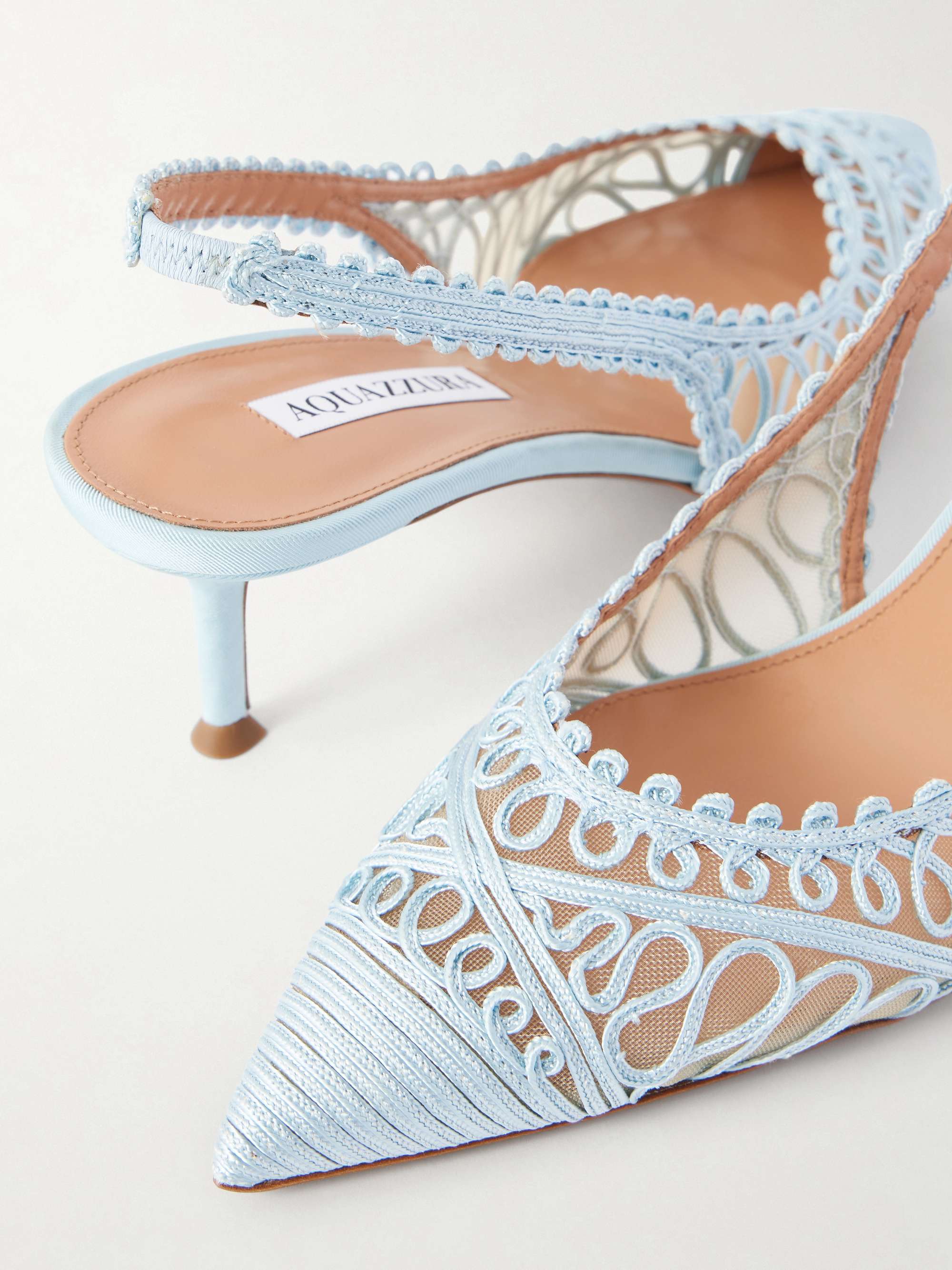 AQUAZZURA Kahlo 50 embroidered leather-trimmed mesh slingback