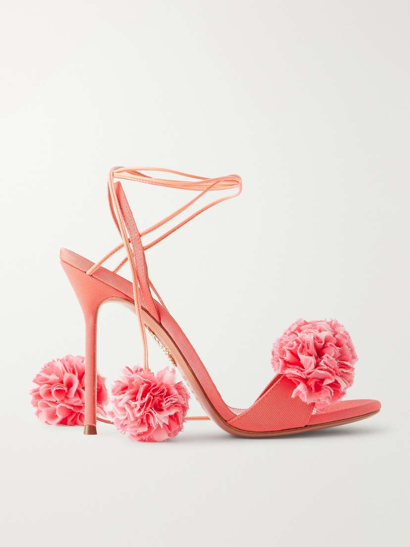 Aquazzura Cherry Kiss 105 Ruffled Chiffon And Leather-trimmed Grosgrain Sandals