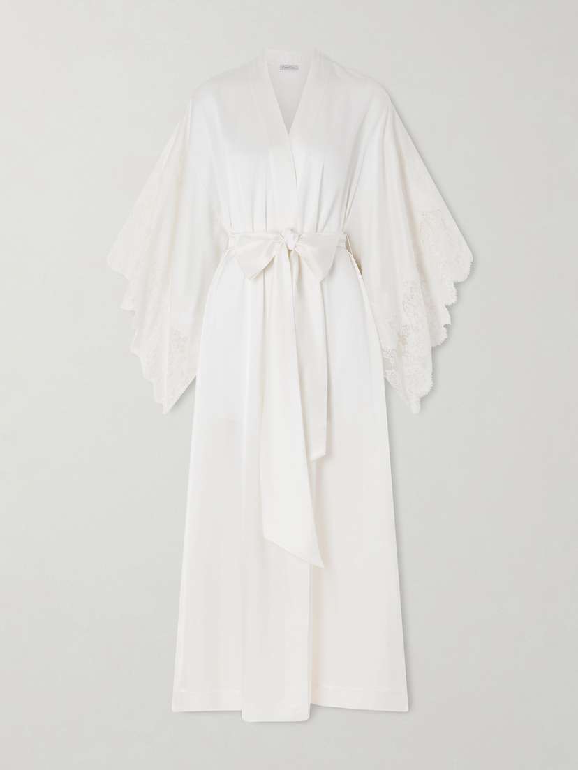 Carine Gilson Belted Lace-trimmed Silk-satin Kimono