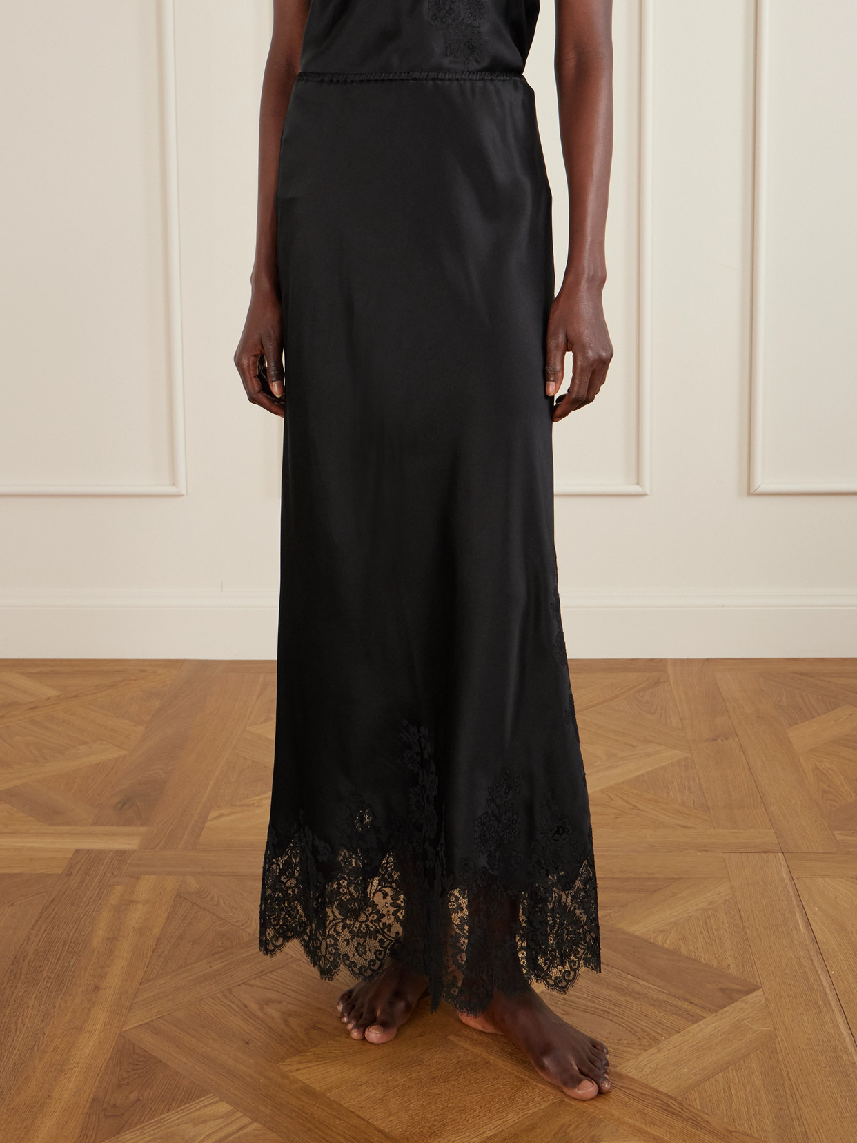 Lace-Trimmed Silk-Satin Midi