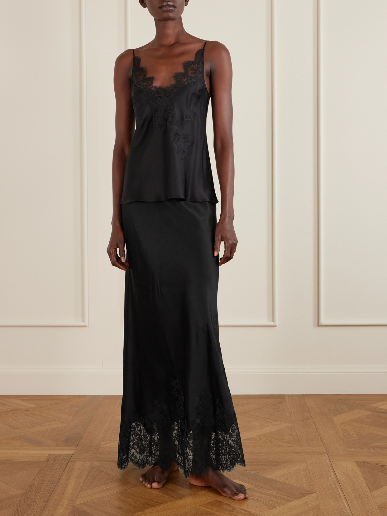 Lace-Trimmed Silk-Satin Midi