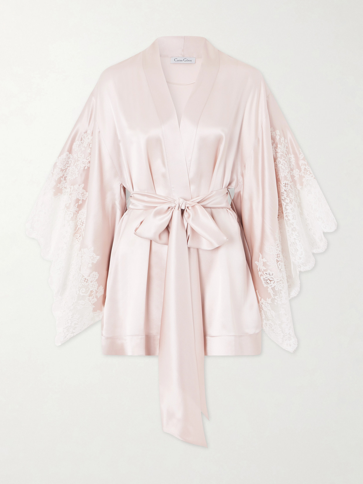 Carine Gilson Belted Lace-trimmed Silk-satin Robe In Pink