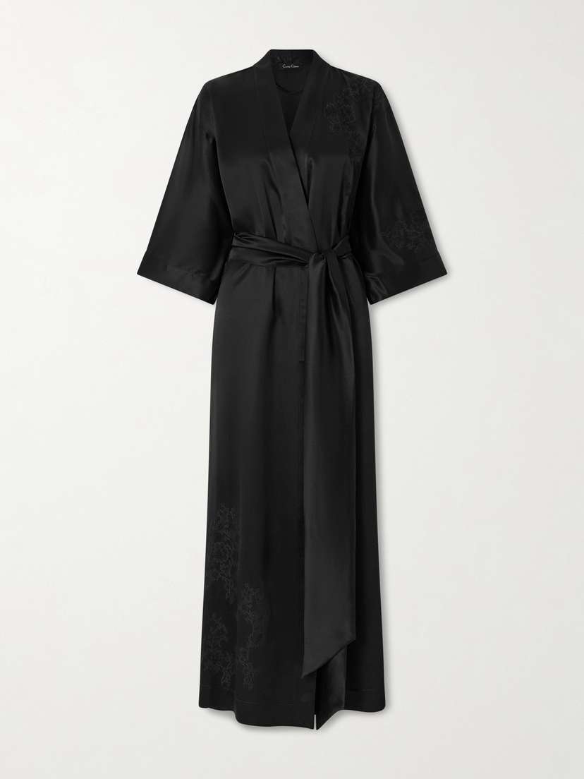 Carine Gilson Belted Floral-embroidered Silk-satin Kimono