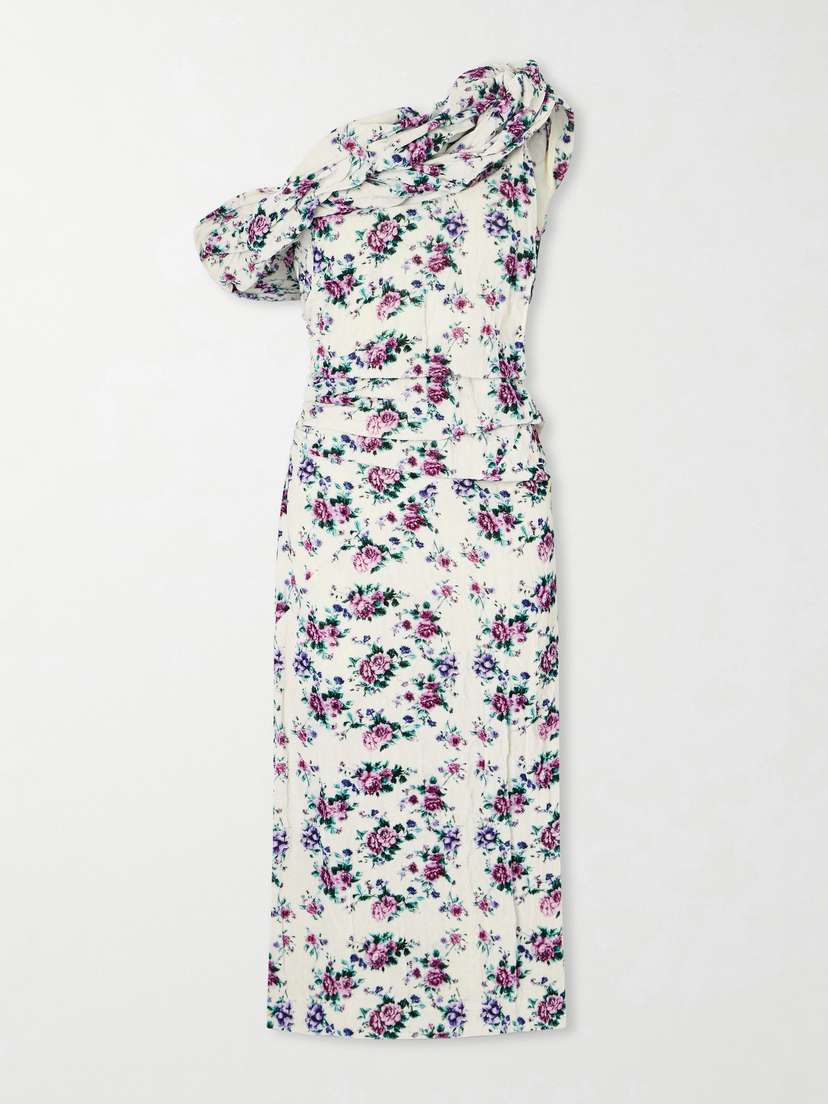 Tory Burch One-shoulder Ruched Ruffled Floral-print Cotton-velvet Midi Dress