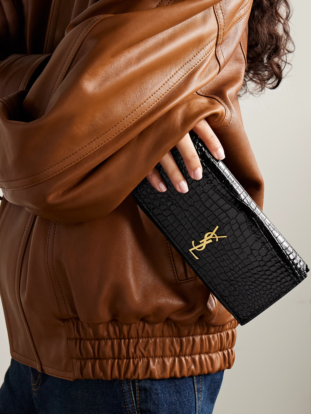 Saint Laurent Croc-effect Leather Phone Case In Black