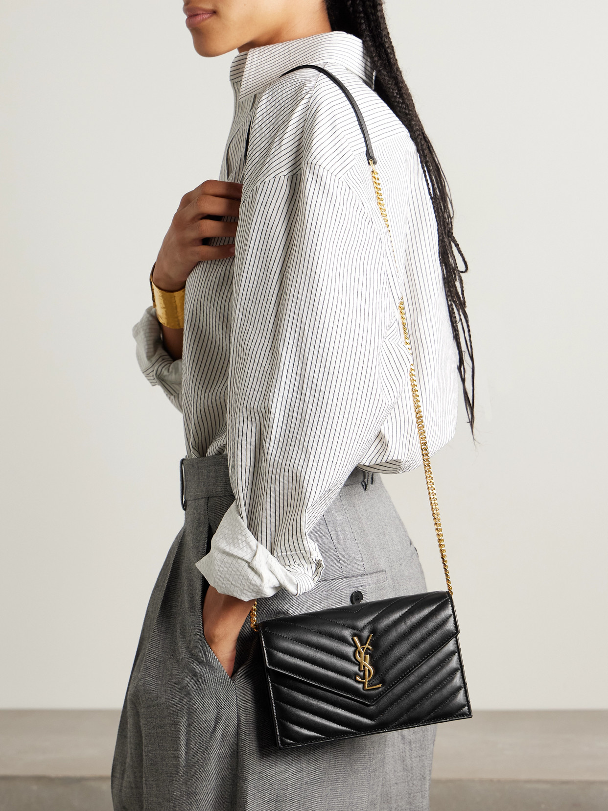 Saint Laurent Cassandre Envelope Leather Wallet On Chain In Black