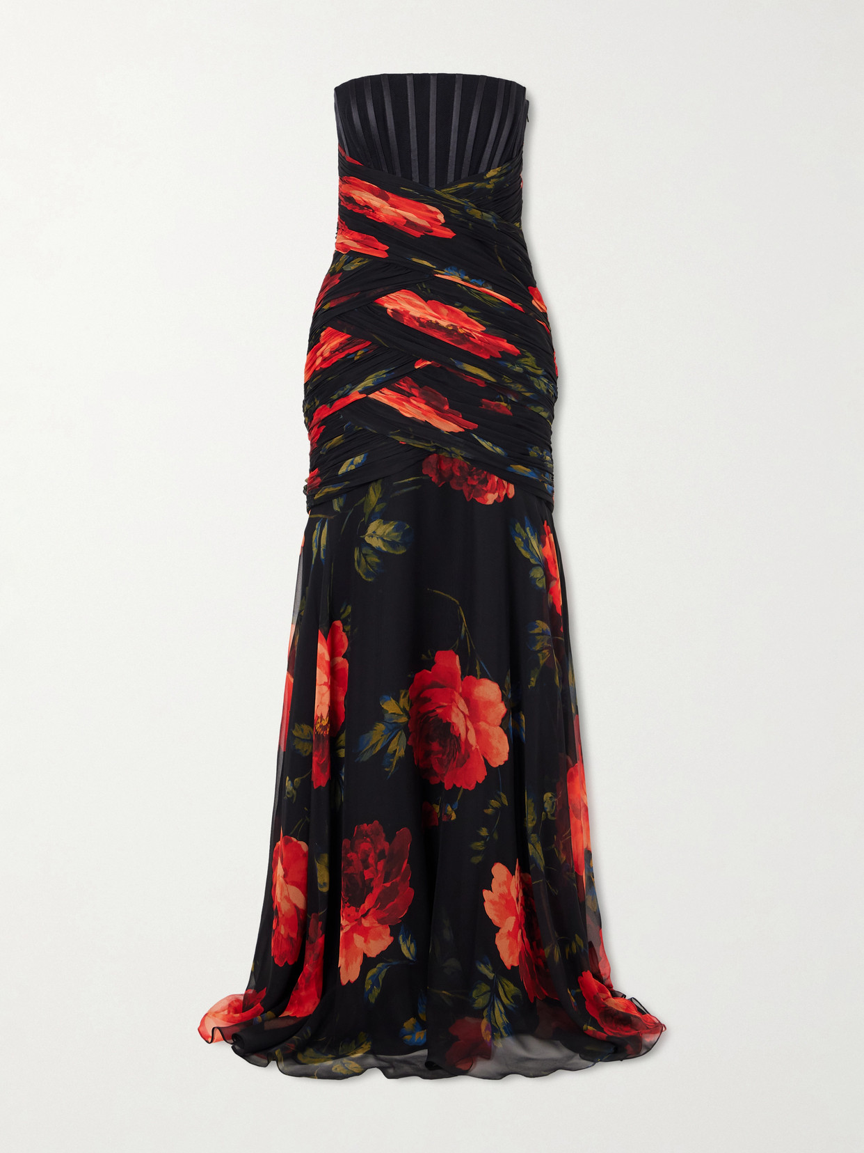 Carolina Herrera Strapless Ruched Floral-printed Silk-chiffon Gown In Multi
