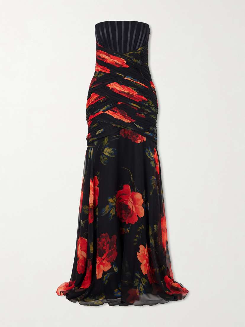 Carolina Herrera Strapless Ruched Floral-printed Silk-chiffon Gown