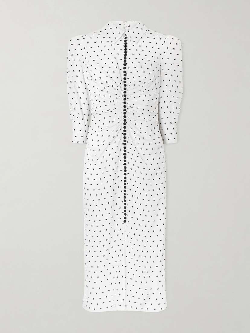 Carolina Herrera Ruched Polka-dot Silk Crepe De Chine Midi Dress
