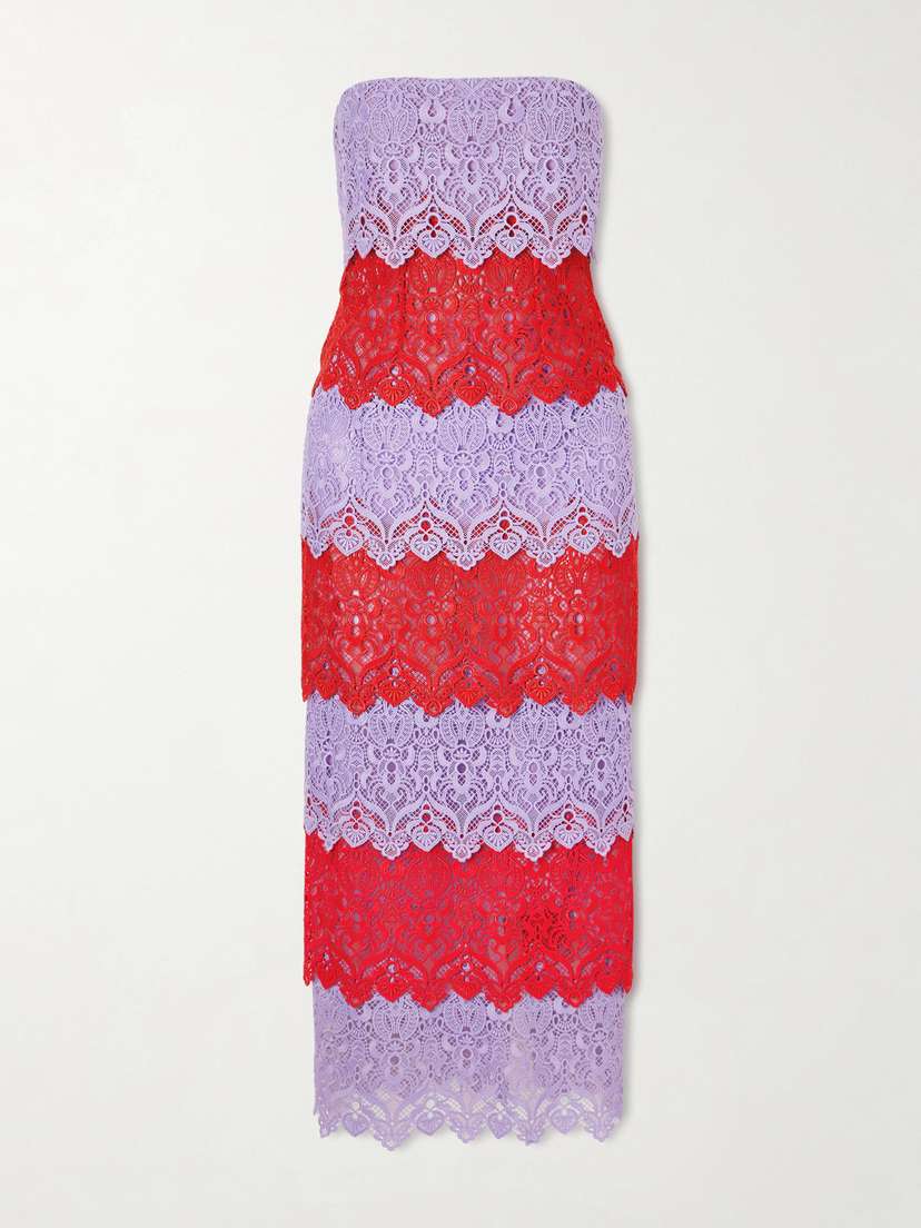 Carolina Herrera Strapless Tiered Lace Midi Dress