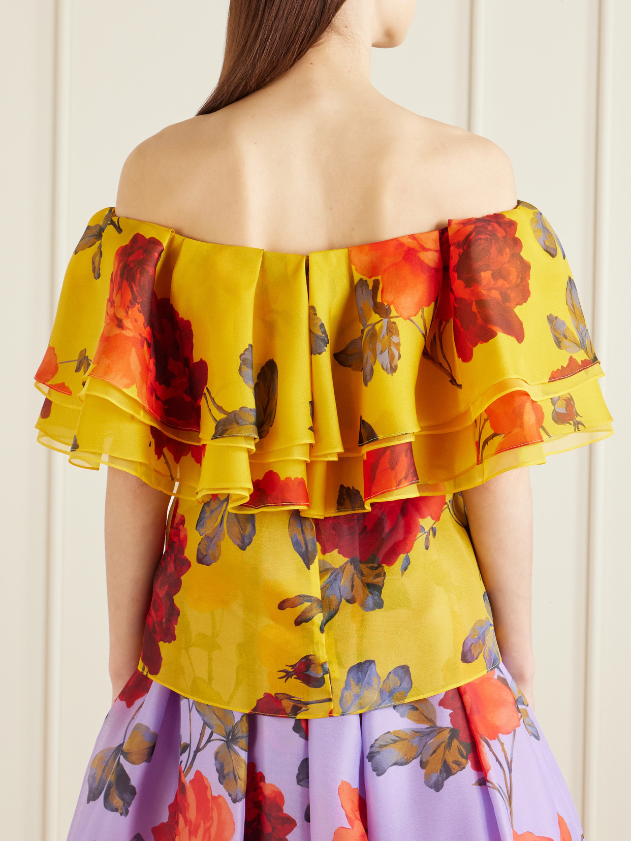 Off-The-Shoulder Ruffled Floral-Print Silk-Organza Top