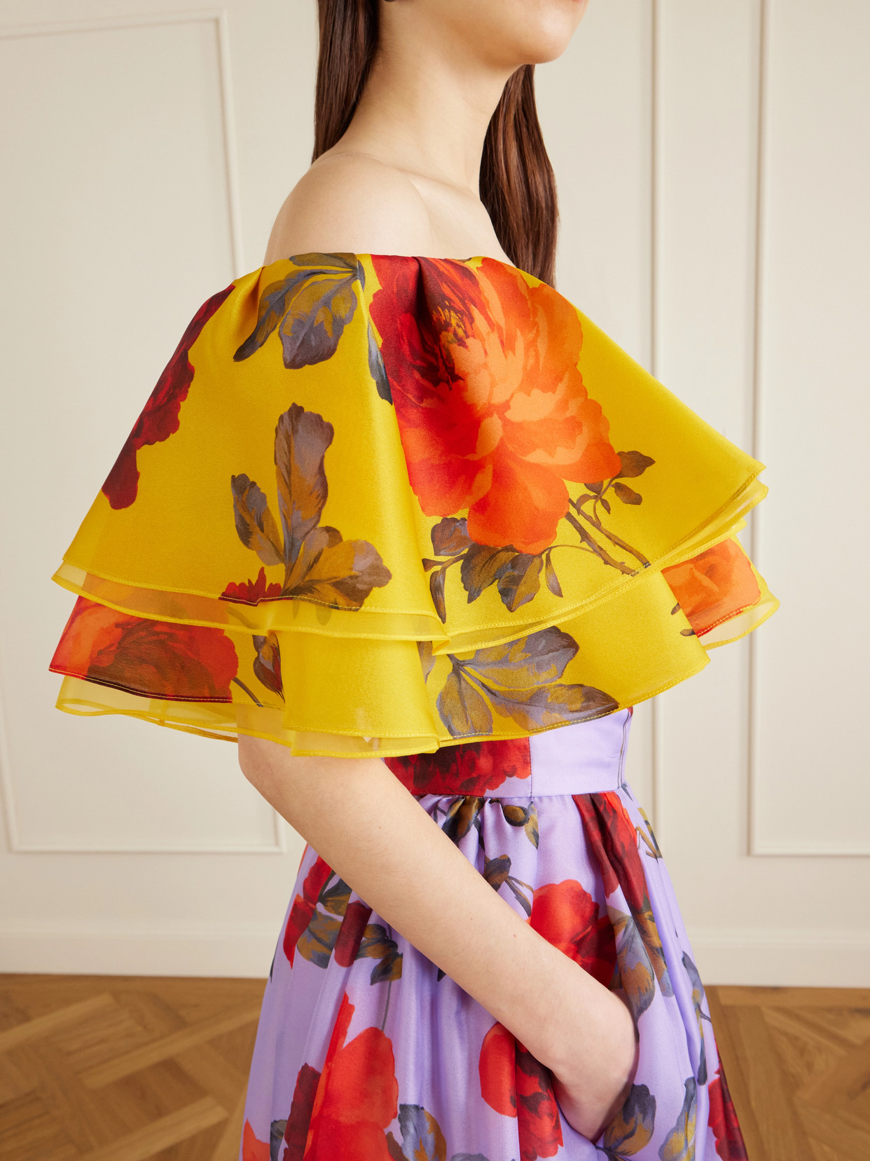 Off-The-Shoulder Ruffled Floral-Print Silk-Organza Top