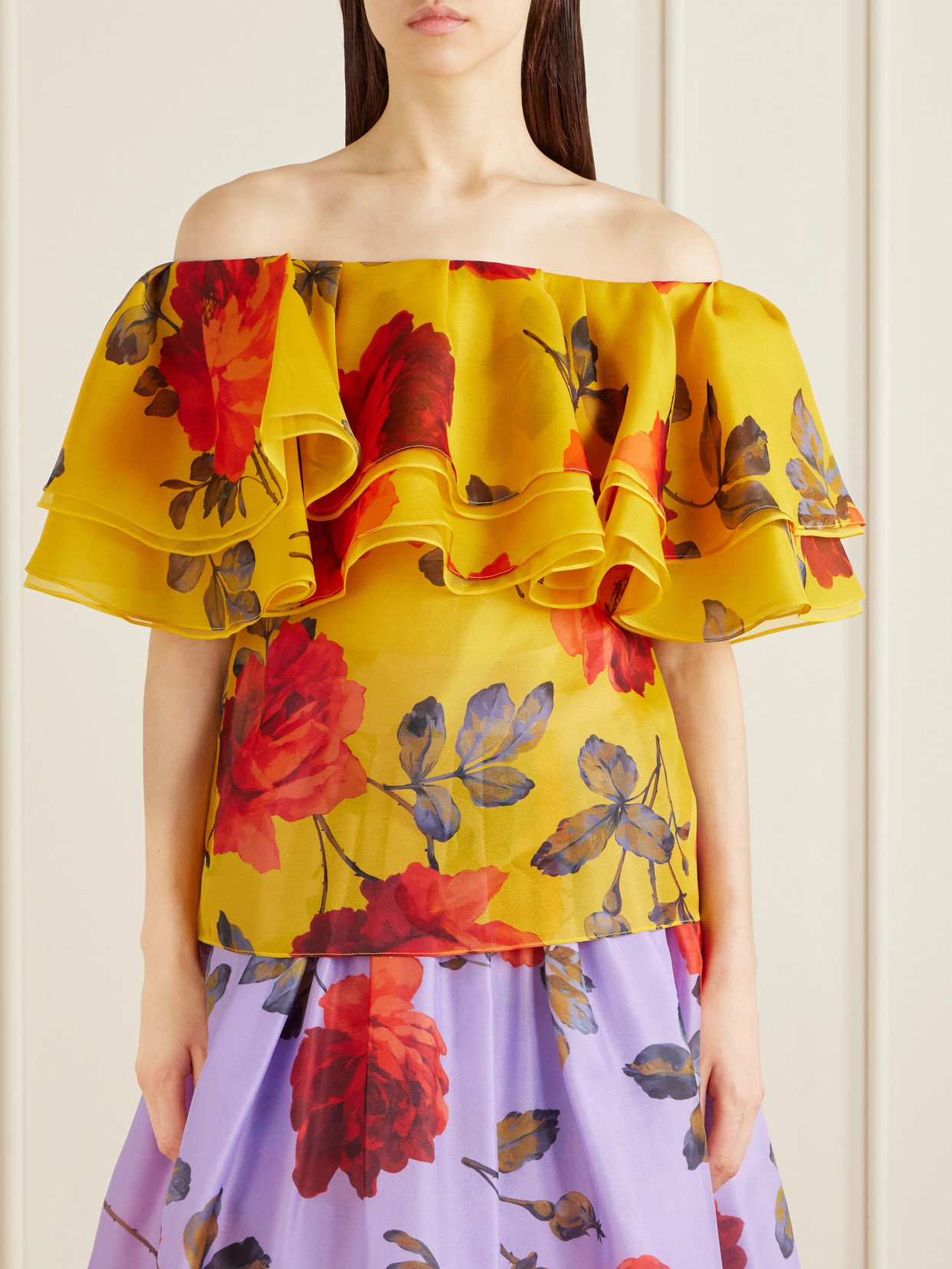 Off-The-Shoulder Ruffled Floral-Print Silk-Organza Top