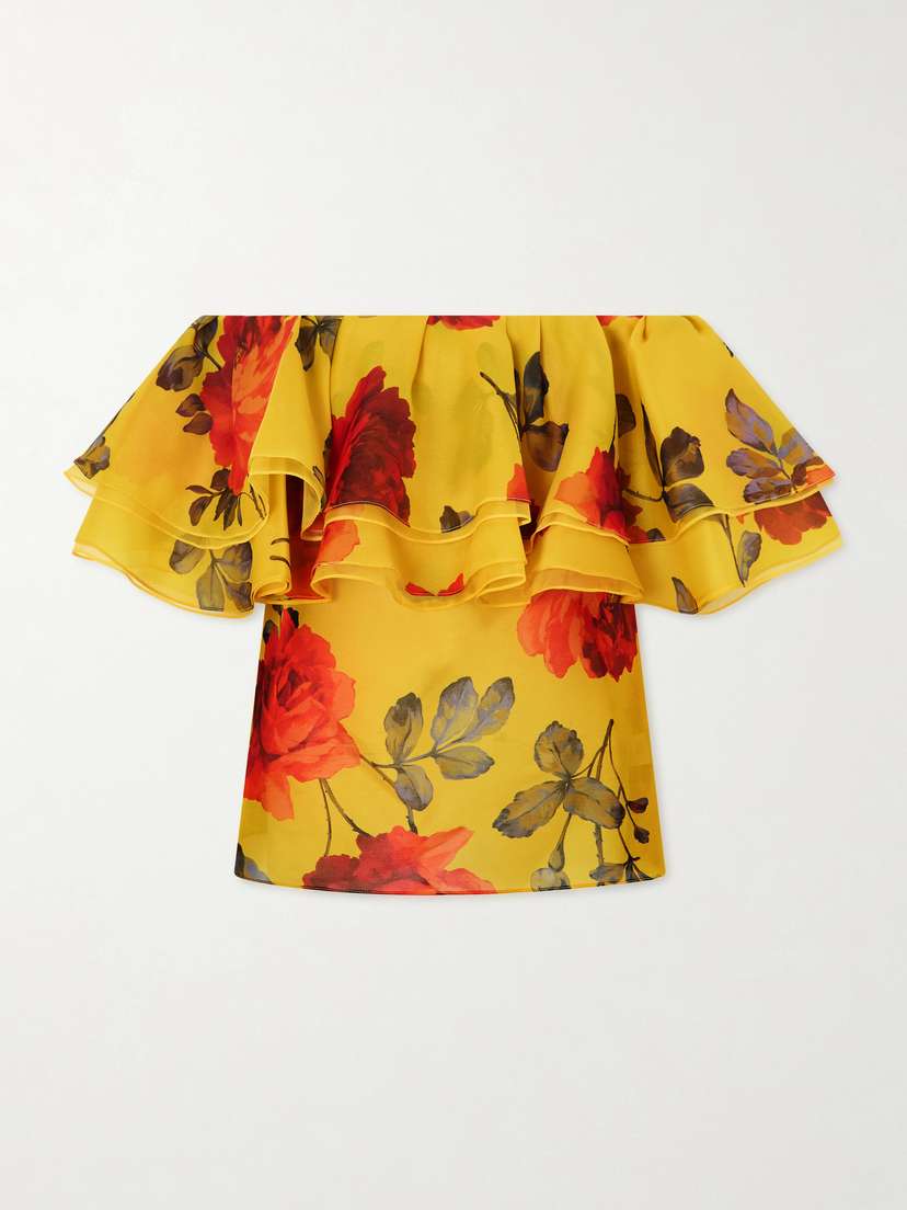 Carolina Herrera Off-the-shoulder Ruffled Floral-print Silk-organza Top