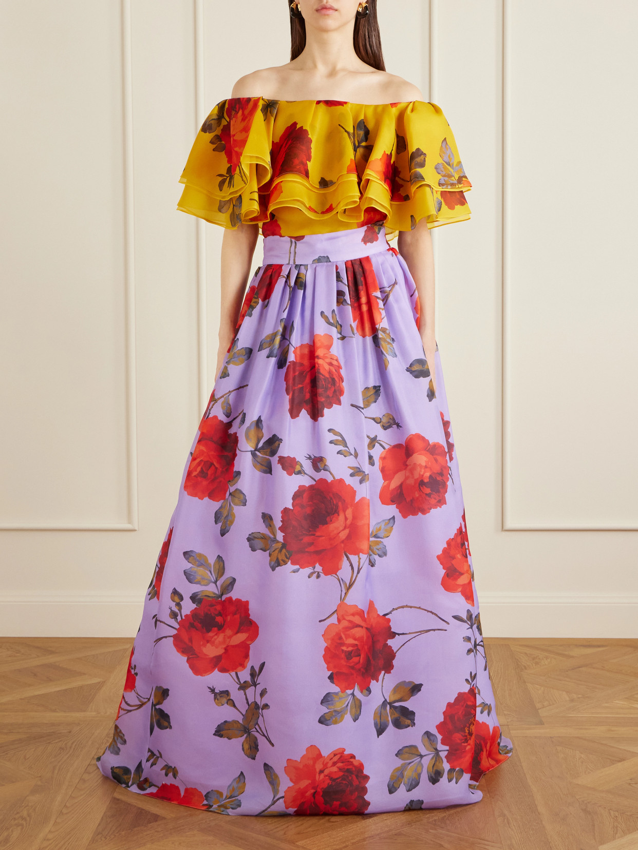 Off-The-Shoulder Ruffled Floral-Print Silk-Organza Top